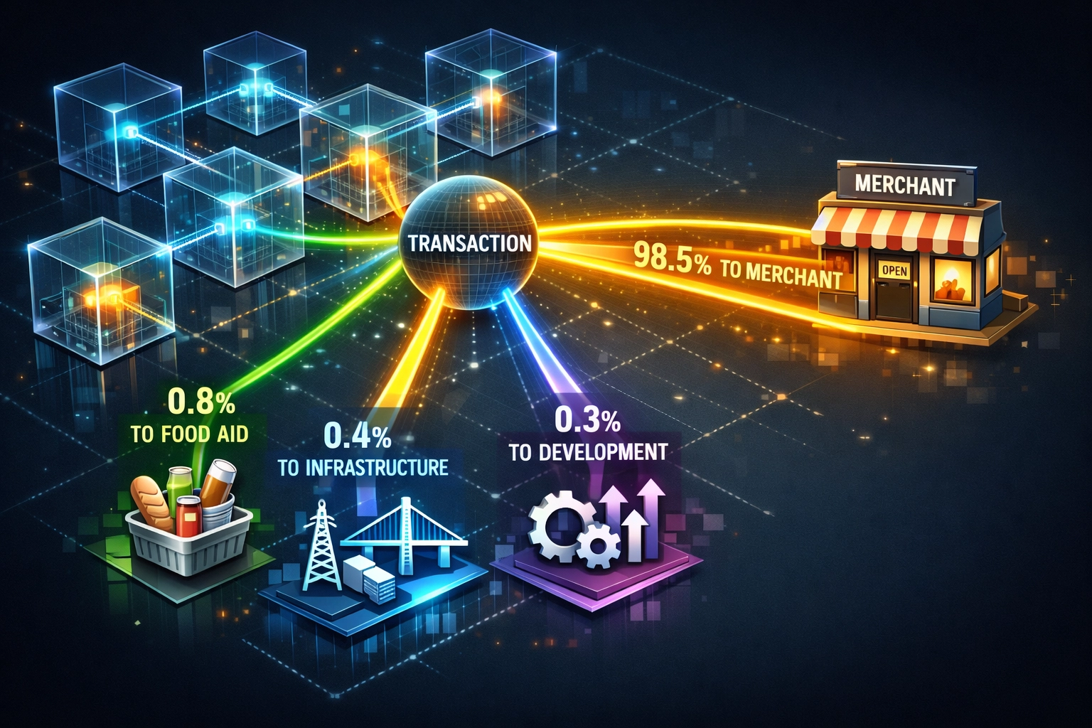 Larecoin blockchain transaction splitting funds between merchant payment and hunger relief