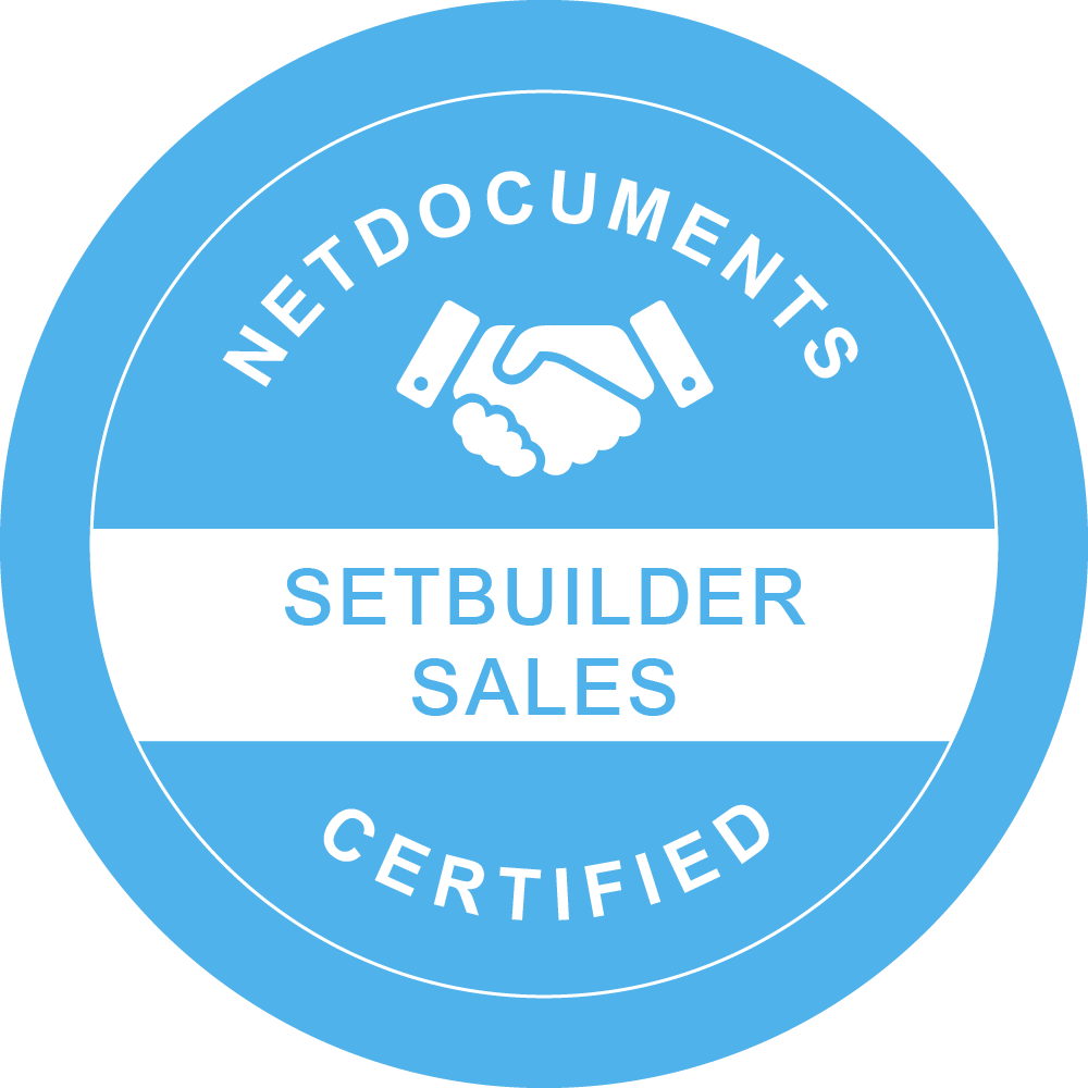 NetDocuments SetBuilder Certification Badge, highlighting our commitment to workflow excellence and secure partnerships.