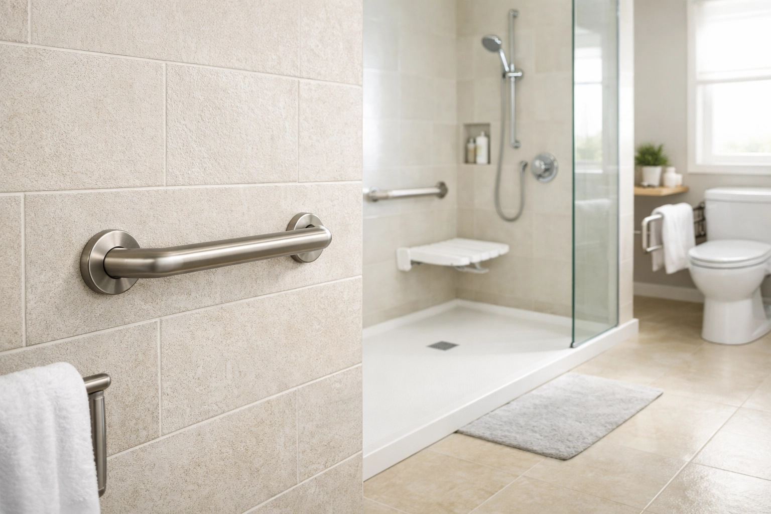 Modern bathroom grab bar installed on tile wall for senior safety and aging in place.
