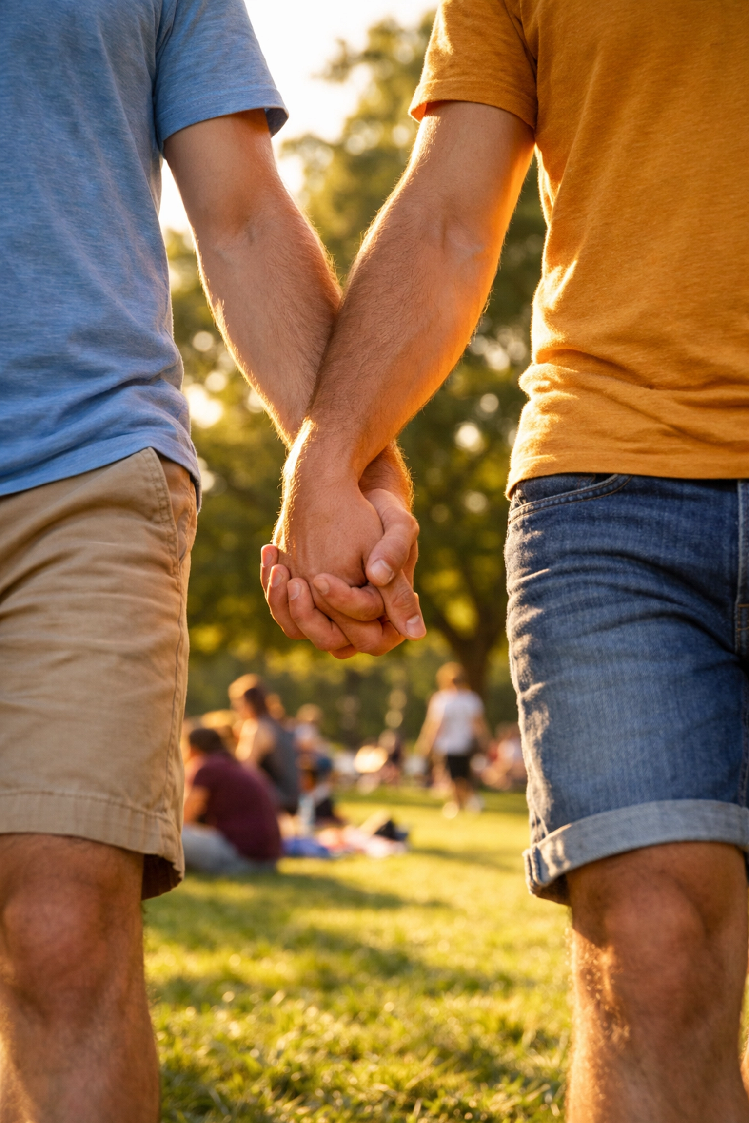 Two men holding hands in a sunlit park, capturing a tender moment of public visibility and gay love.