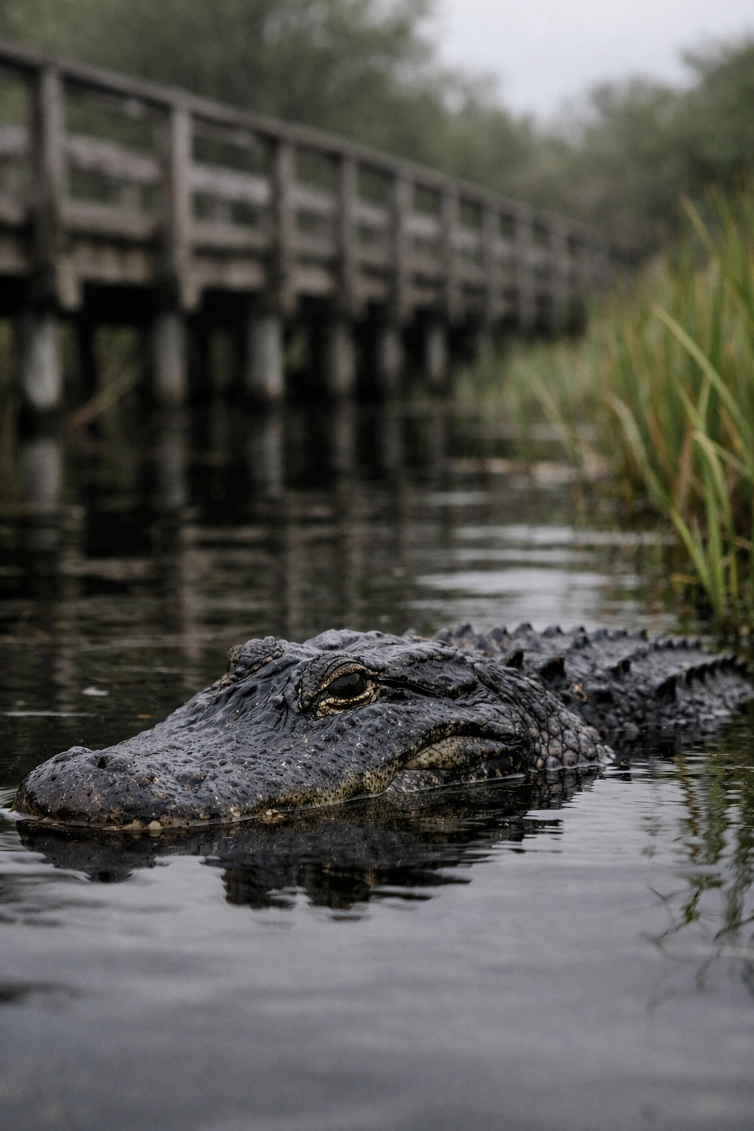 Large American alligator resting in marsh water near a boardwalk in Everglades National Park.