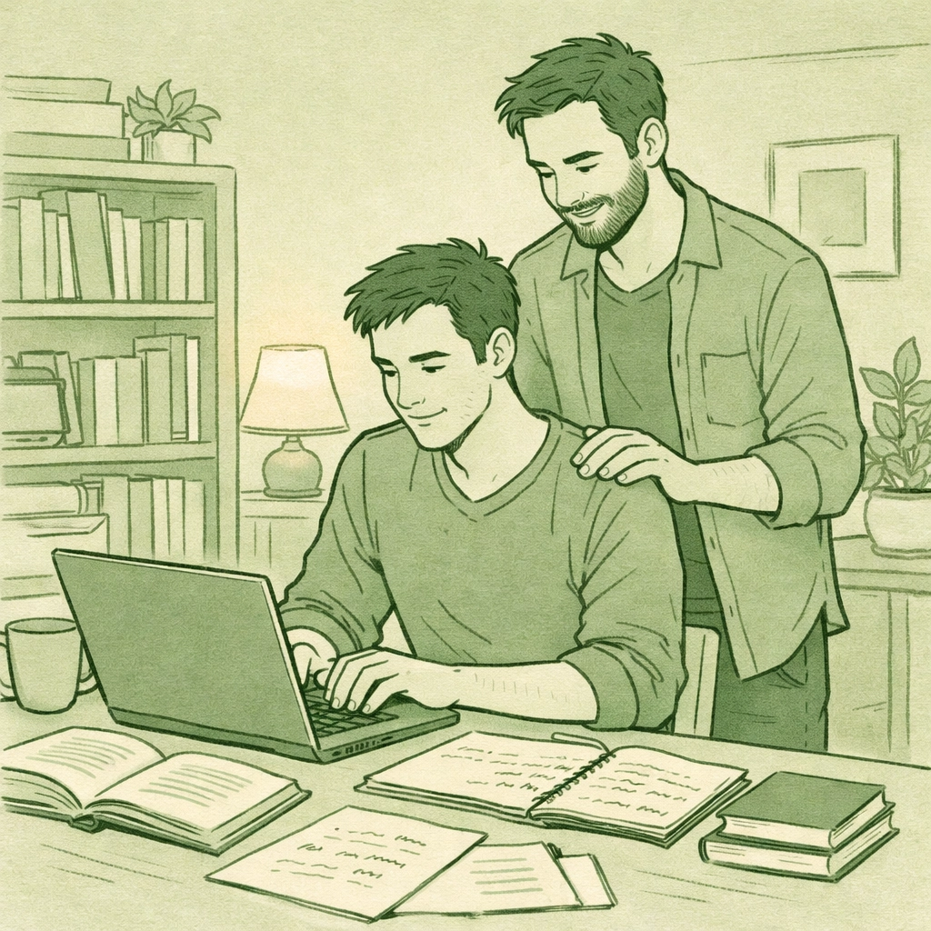 Gay partners researching together with laptop - supportive relationship in contemporary romance