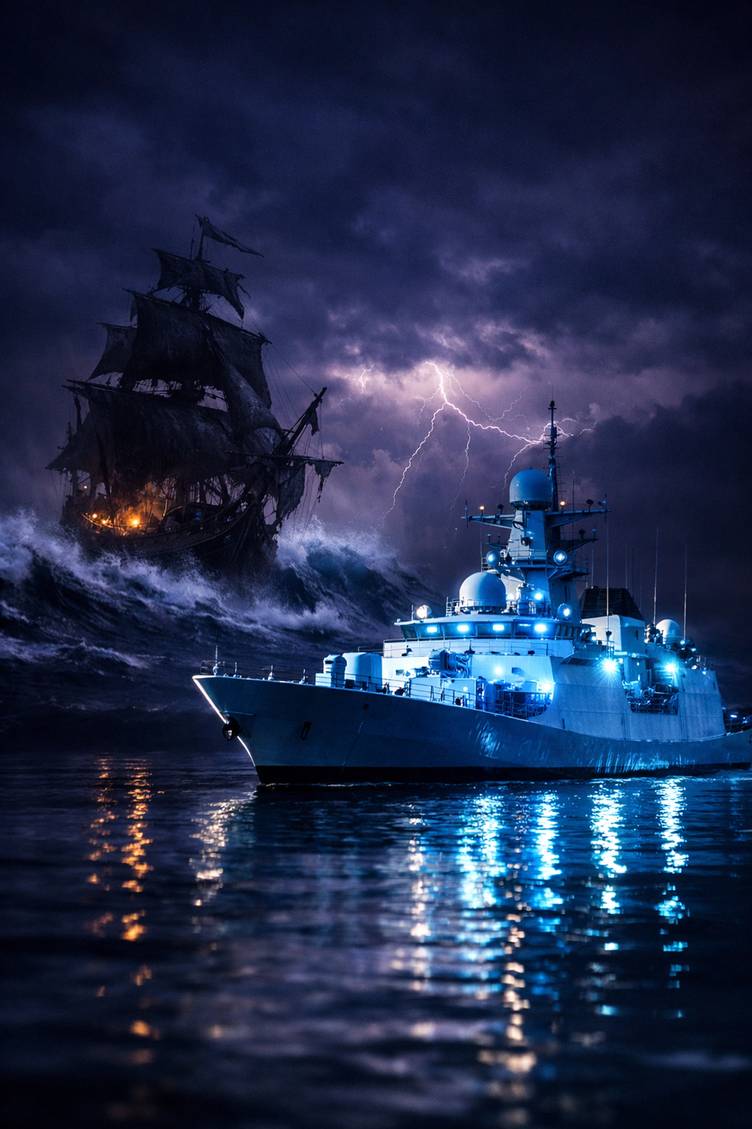 Modern naval vessel in calm water contrasted with a pirate ship in a storm representing Admiralty jurisdiction.