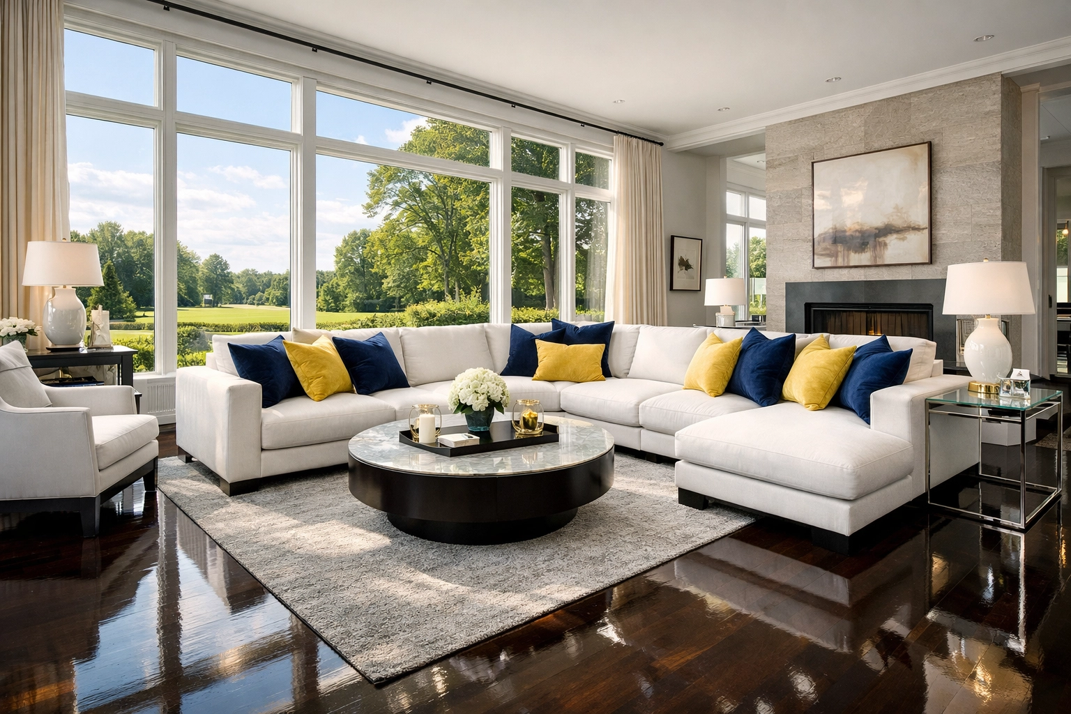 Impeccably clean luxury living room in a Dover estate after professional weekly house cleaning service.