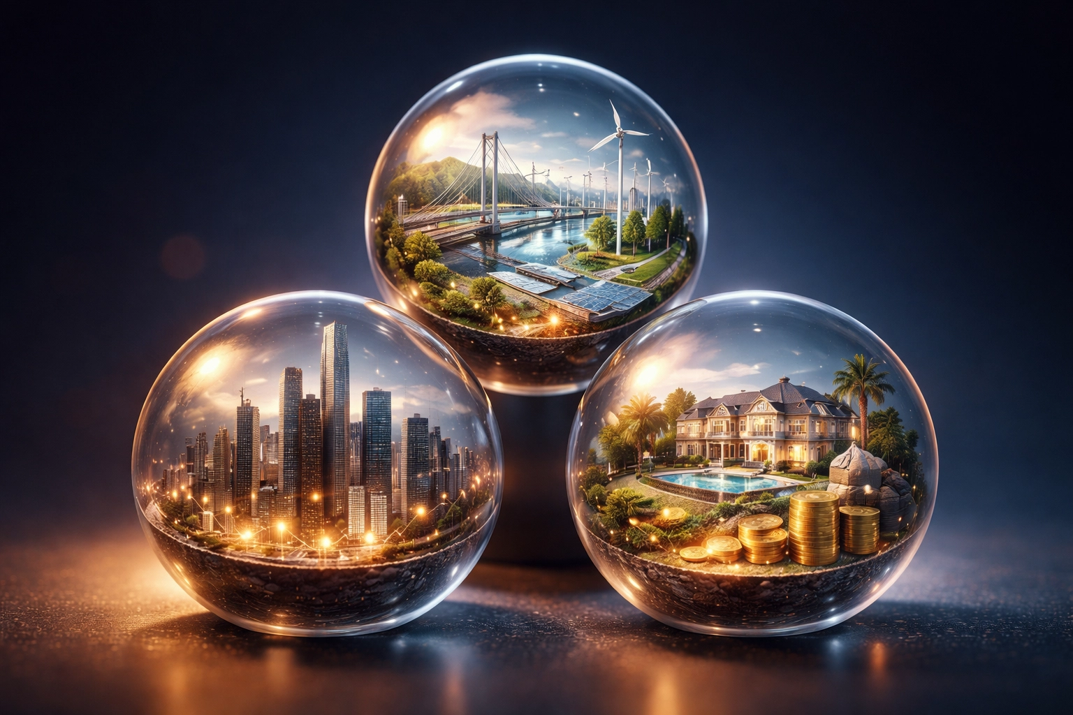 Glass spheres representing equities, infrastructure, and real estate to show alternative investment roles