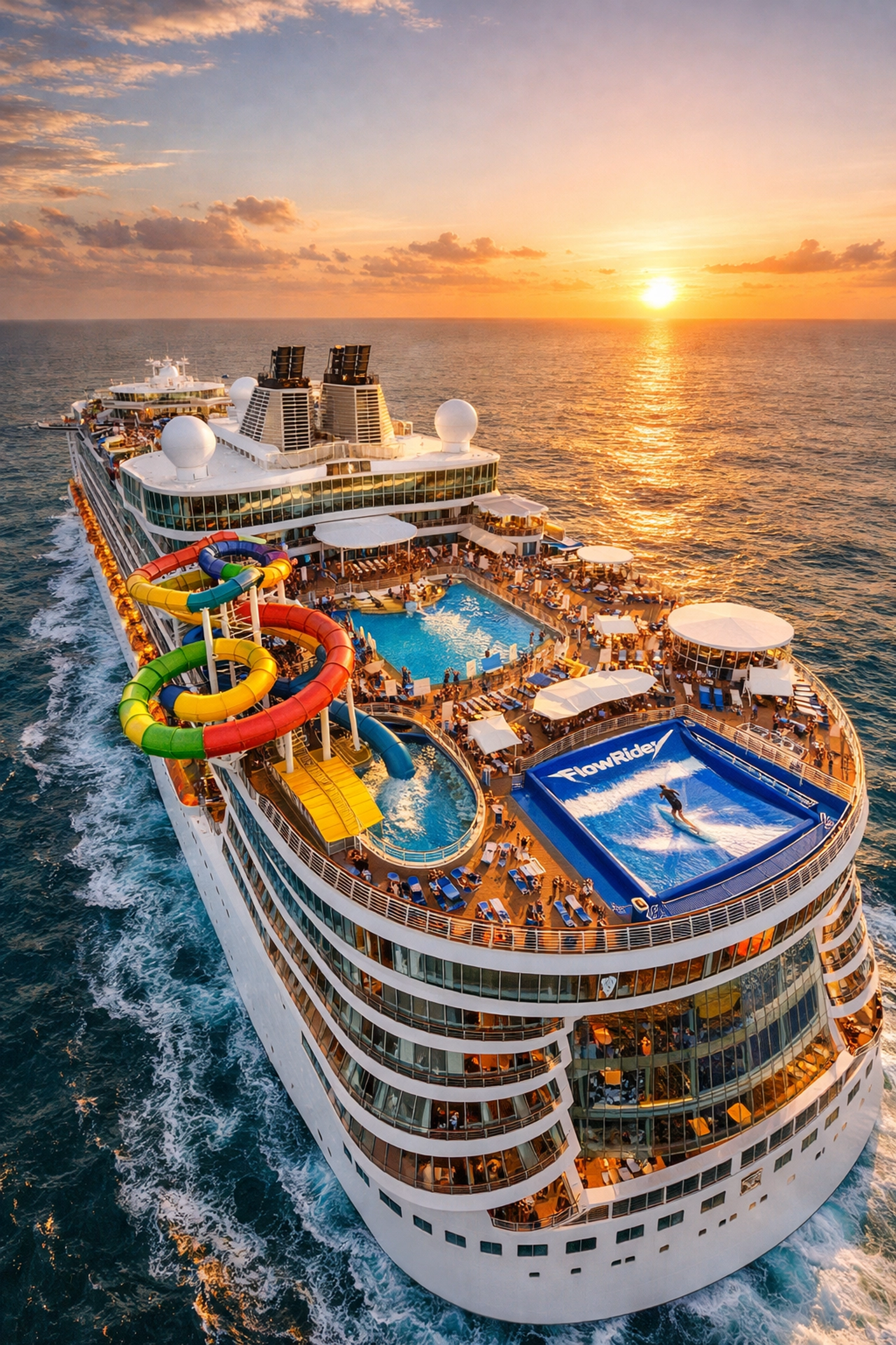 Aerial view of a large family cruise ship with water slides and pools at sunset.