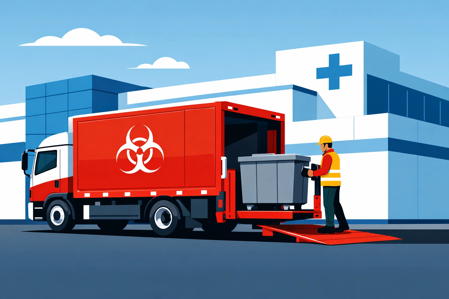 Specialized HGV truck collecting clinical waste at a healthcare facility for ADR driver jobs in Glasgow.