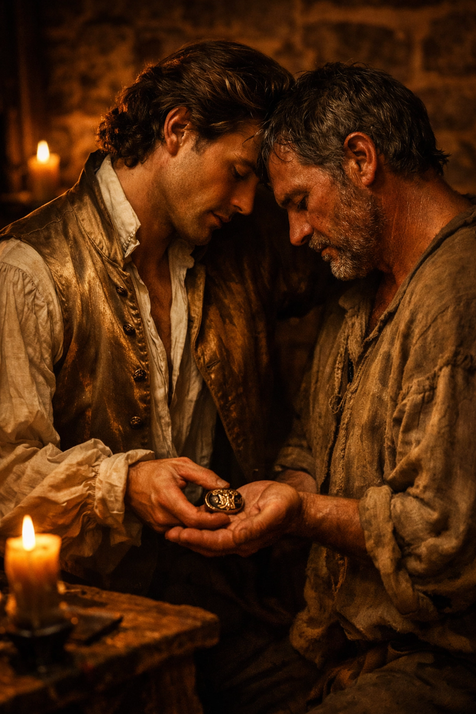 A king in disguise hands a signet ring to a commoner in a candlelit historical MM romance scene.