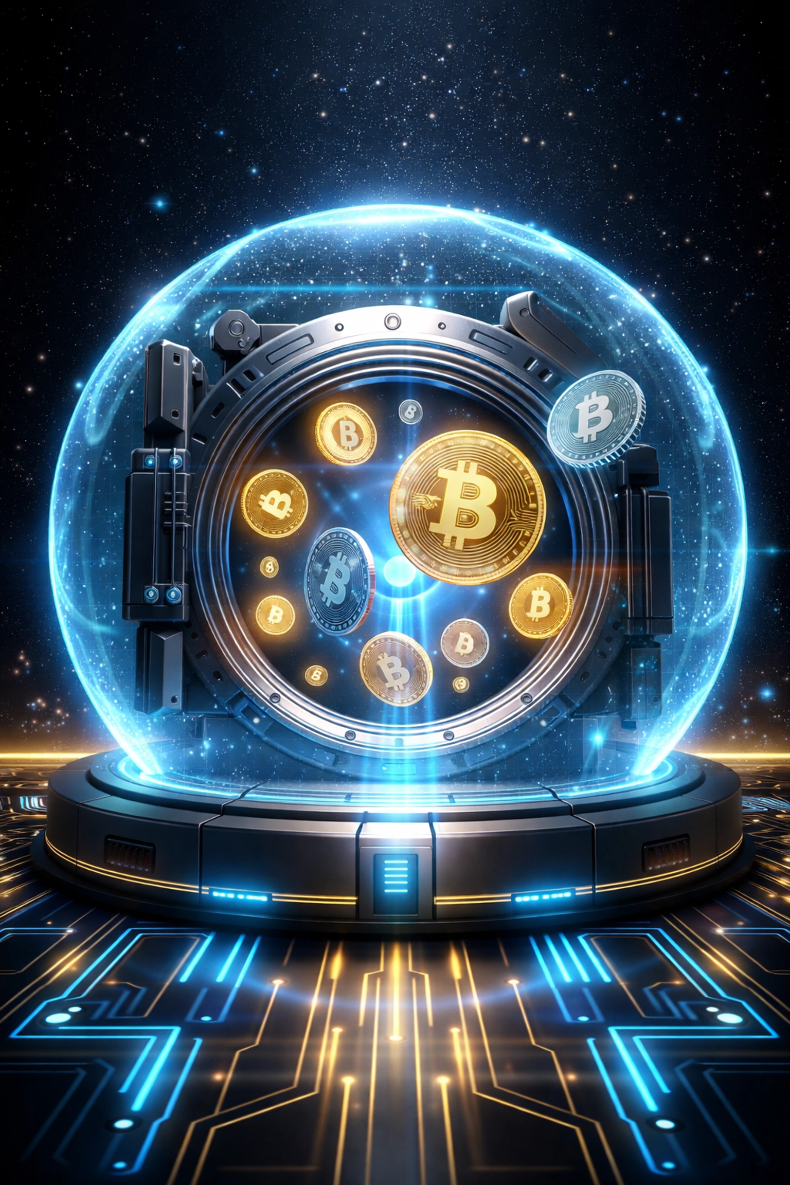 Futuristic vault with digital coins highlights secure self-custody and financial sovereignty for Web3 crypto merchants