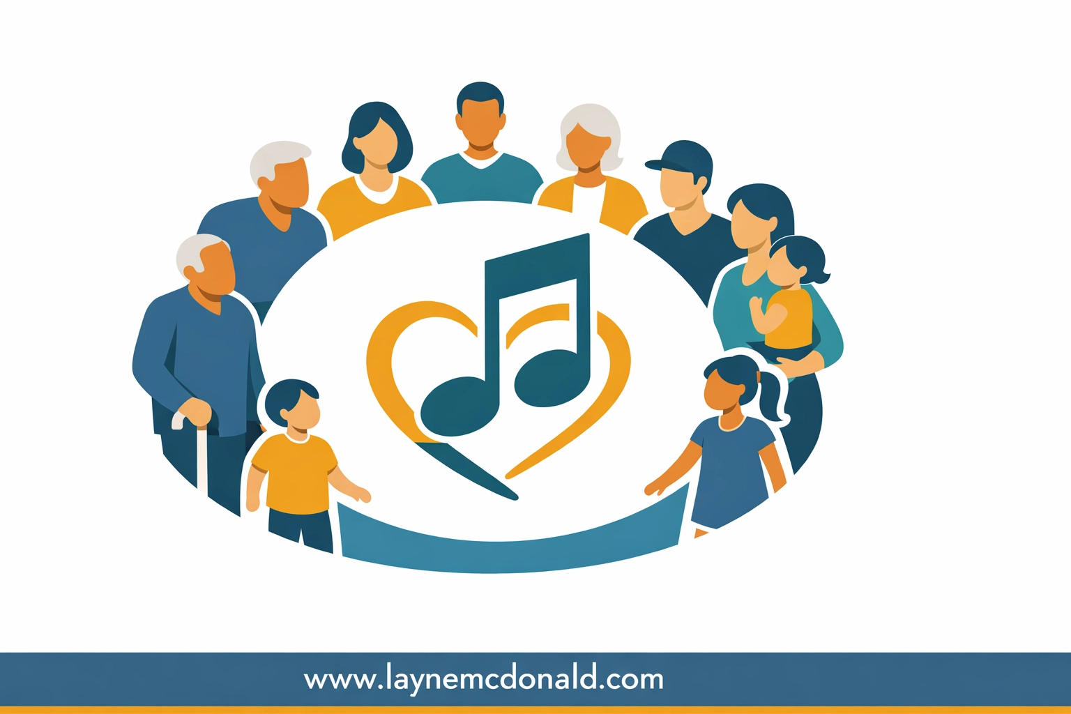 Stylized people in a circle with a heart and music note representing a faith-based community project.