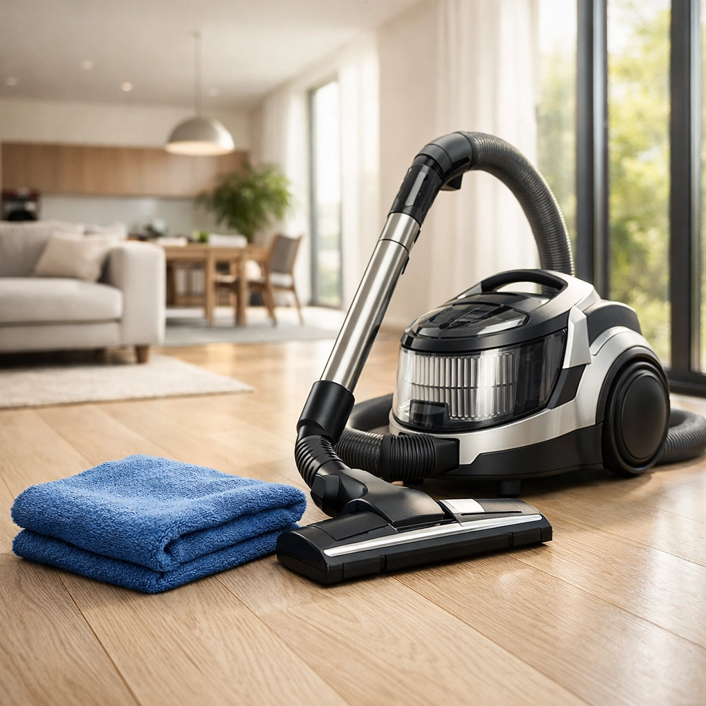 Eco-friendly cleaning supplies and HEPA vacuum on high-end hardwood floors in a Carlisle home.