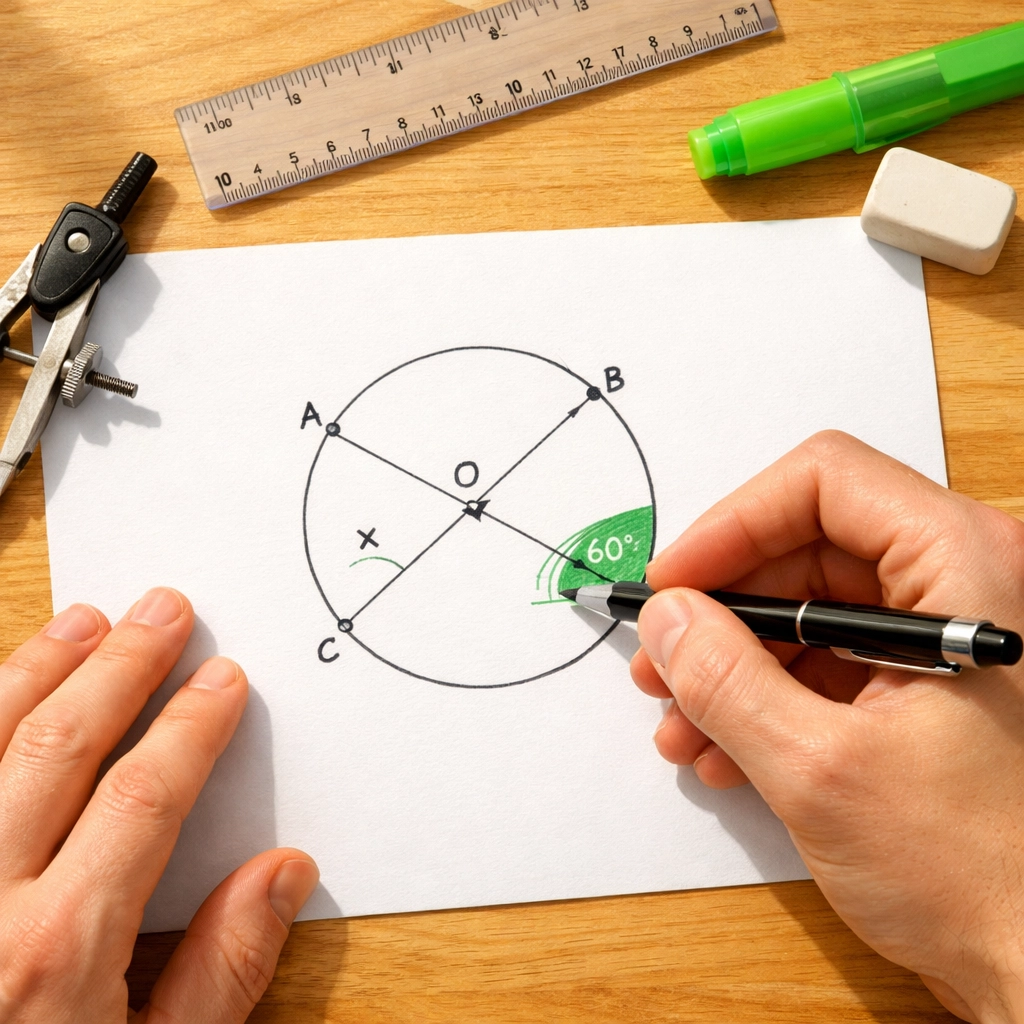 Student sketching SAT circle geometry problems with compass and ruler on paper