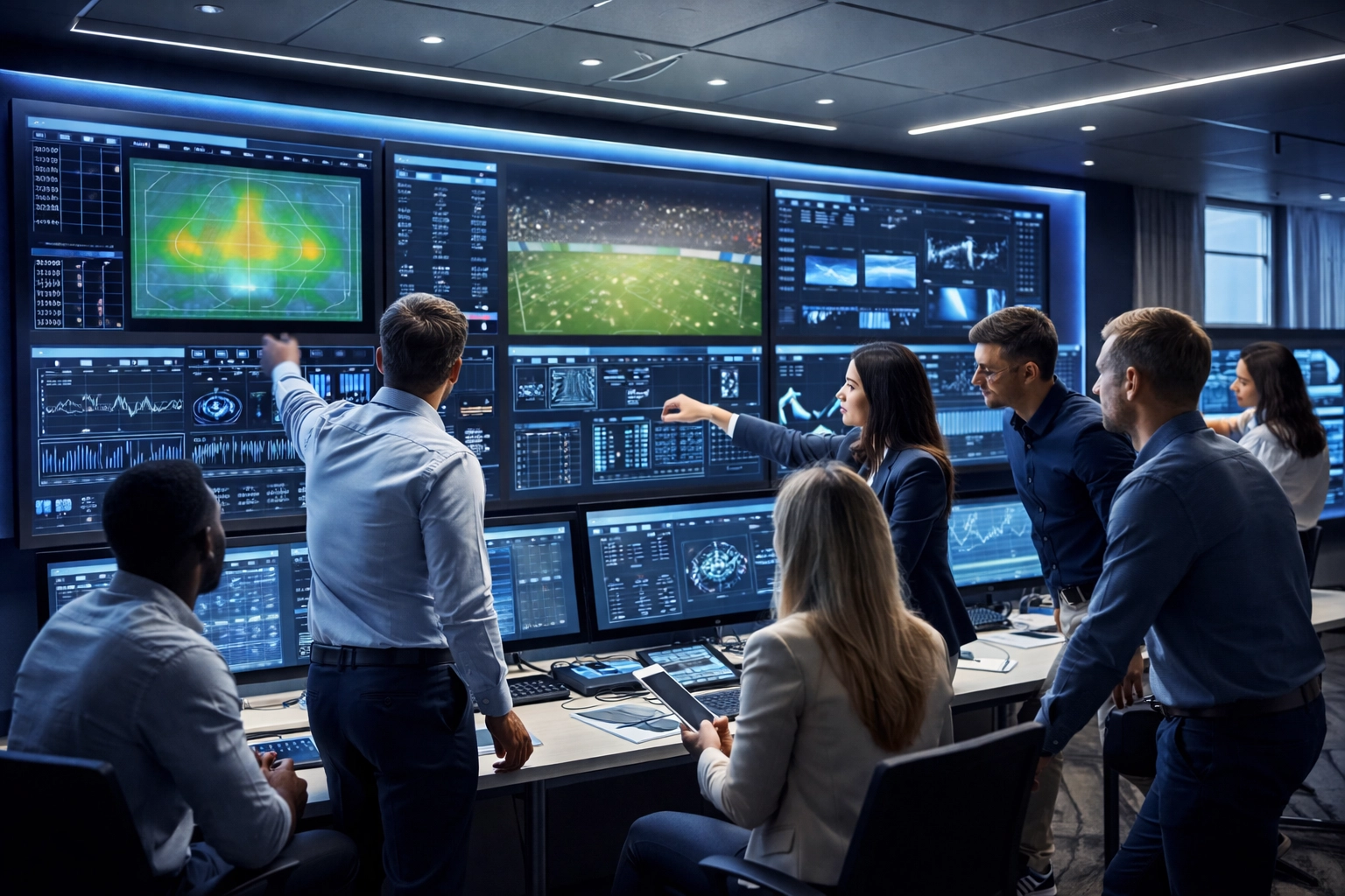 Sports analytics professionals collaborating in a high-tech control room with real-time data visualizations