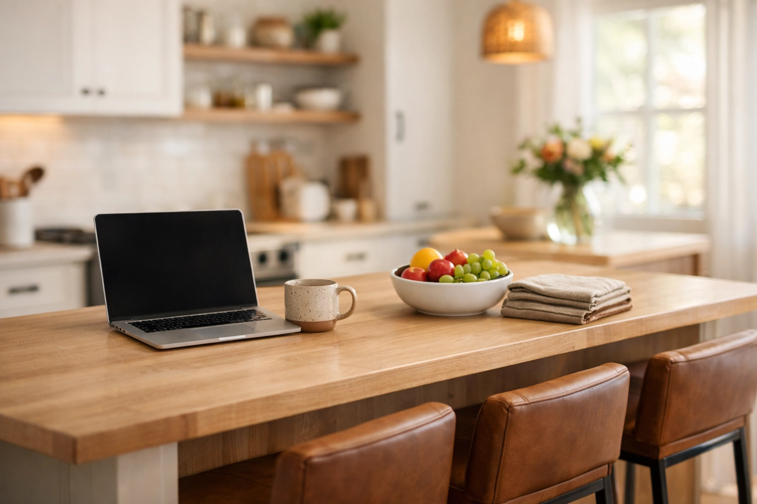 Multi-use kitchen island in a Bay Village kitchen remodel, functioning as a home office and family dining space.