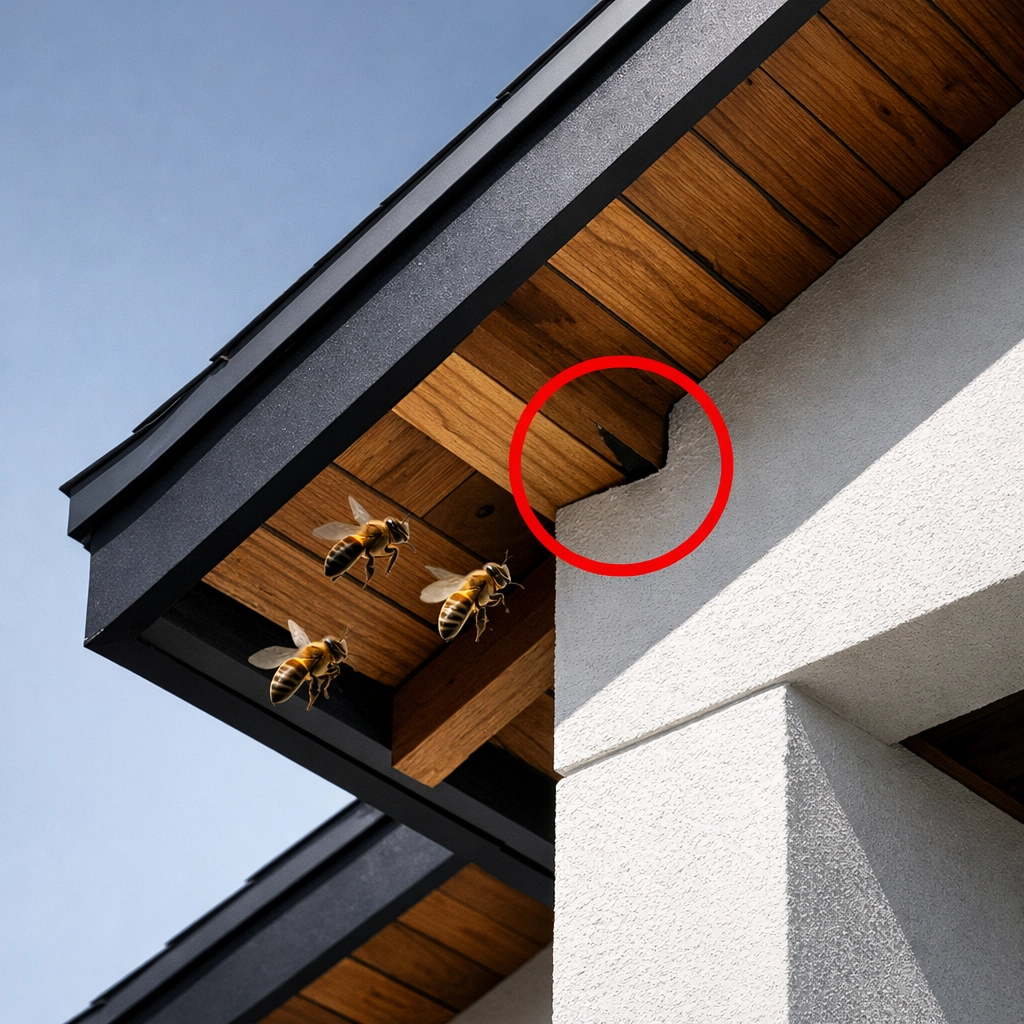 Honeybees hovering near vulnerable roof eaves, highlighting the importance of pest exclusion.