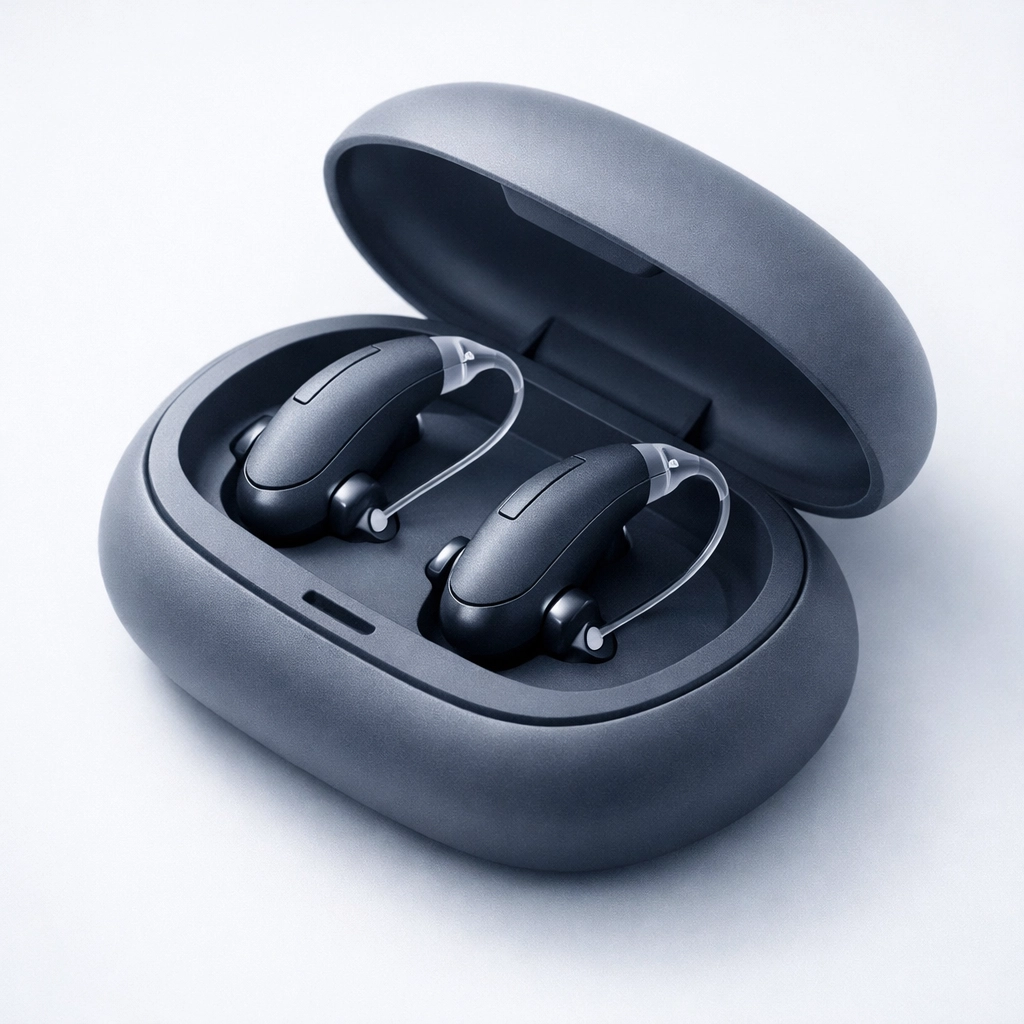 The Simple Truth About Rechargeable Hearing Aids: Battery Life, Costs, and Who They're Best For Charcoal rechargeable hearing aids resting in a magnetic charging dock for convenient overnight use.