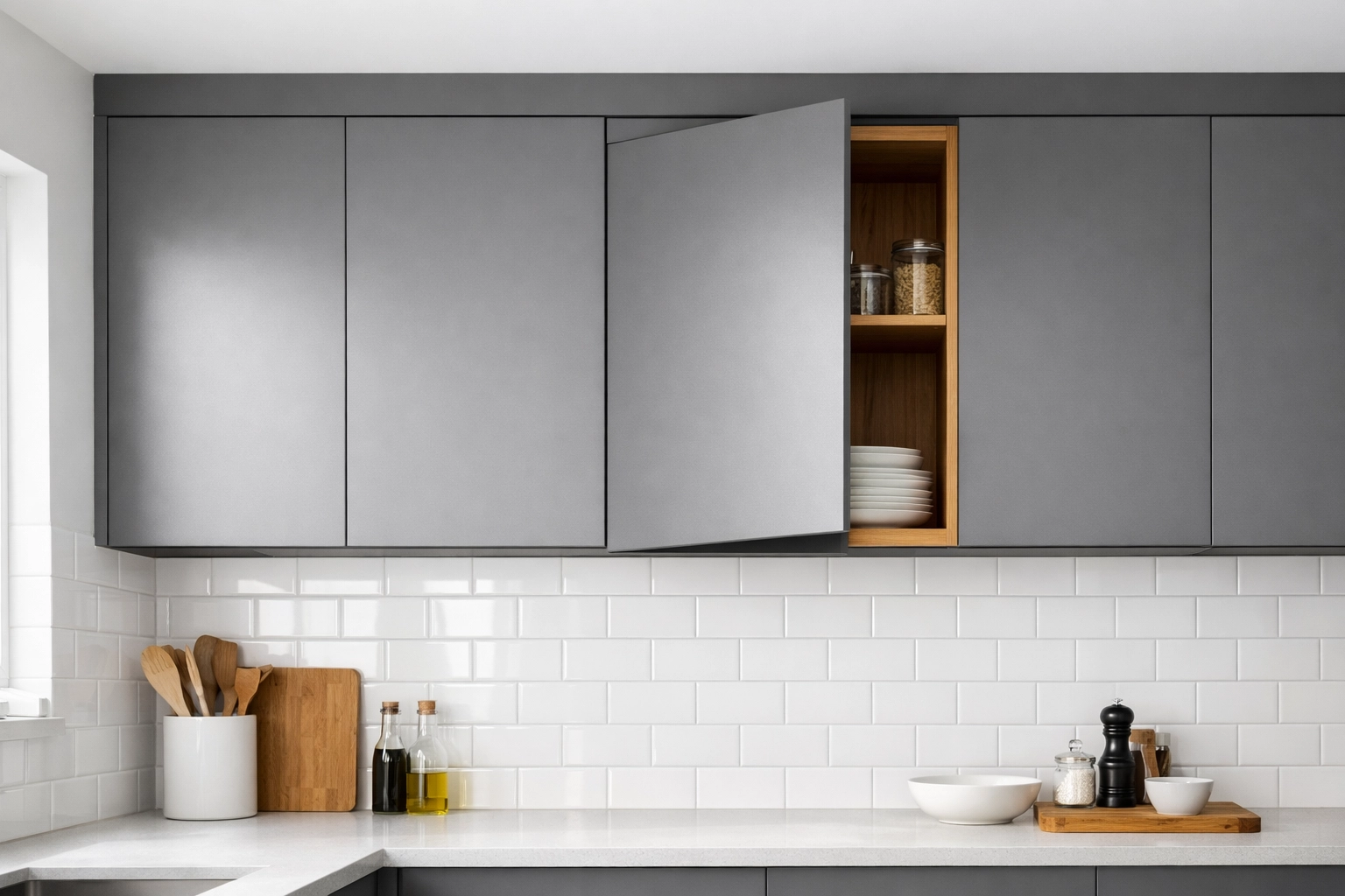Sleek frameless-hybrid kitchen cabinets in matte grey for a modern home renovation.