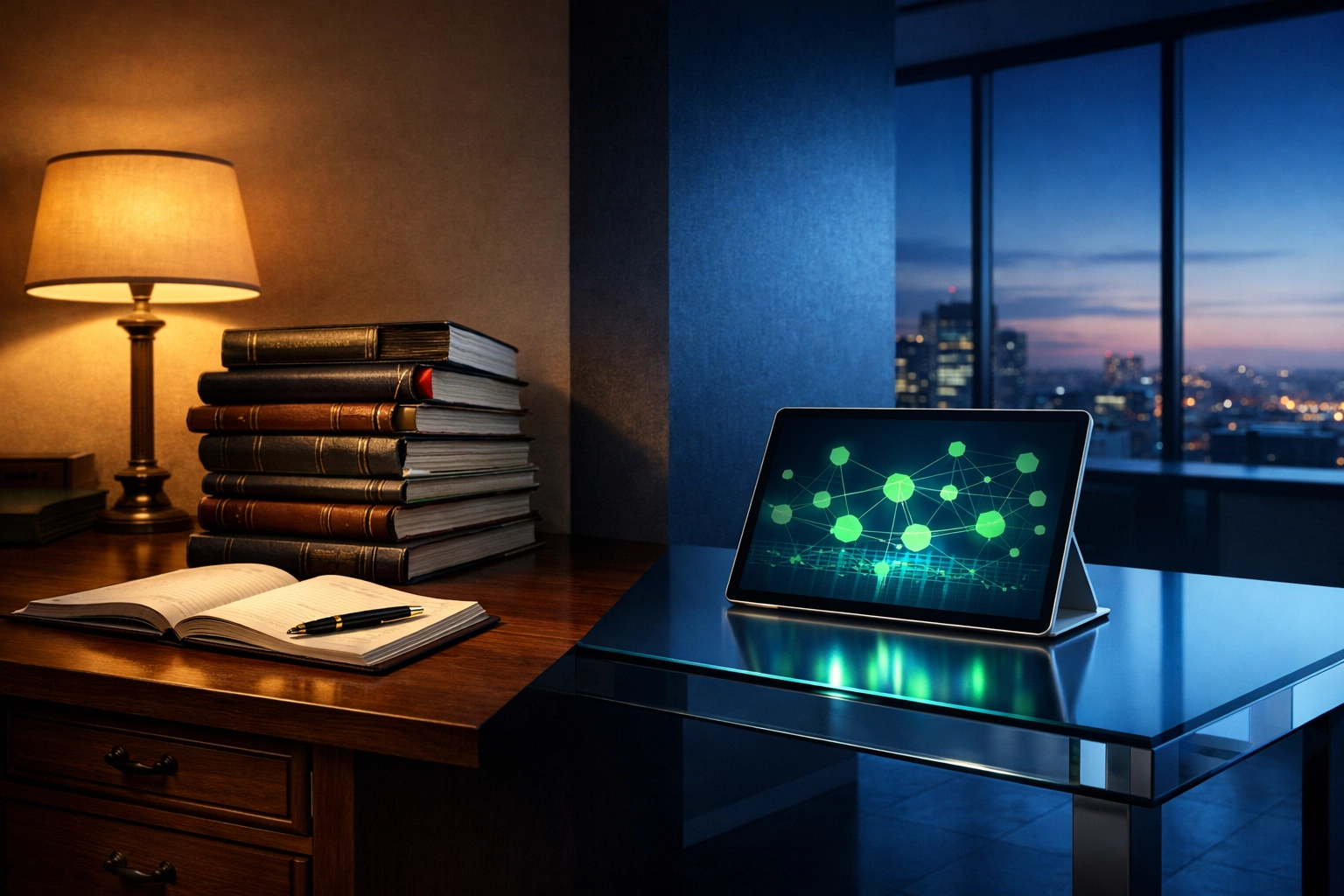 Modern office split showing traditional manual paperwork versus efficient automated data management to scale operations.