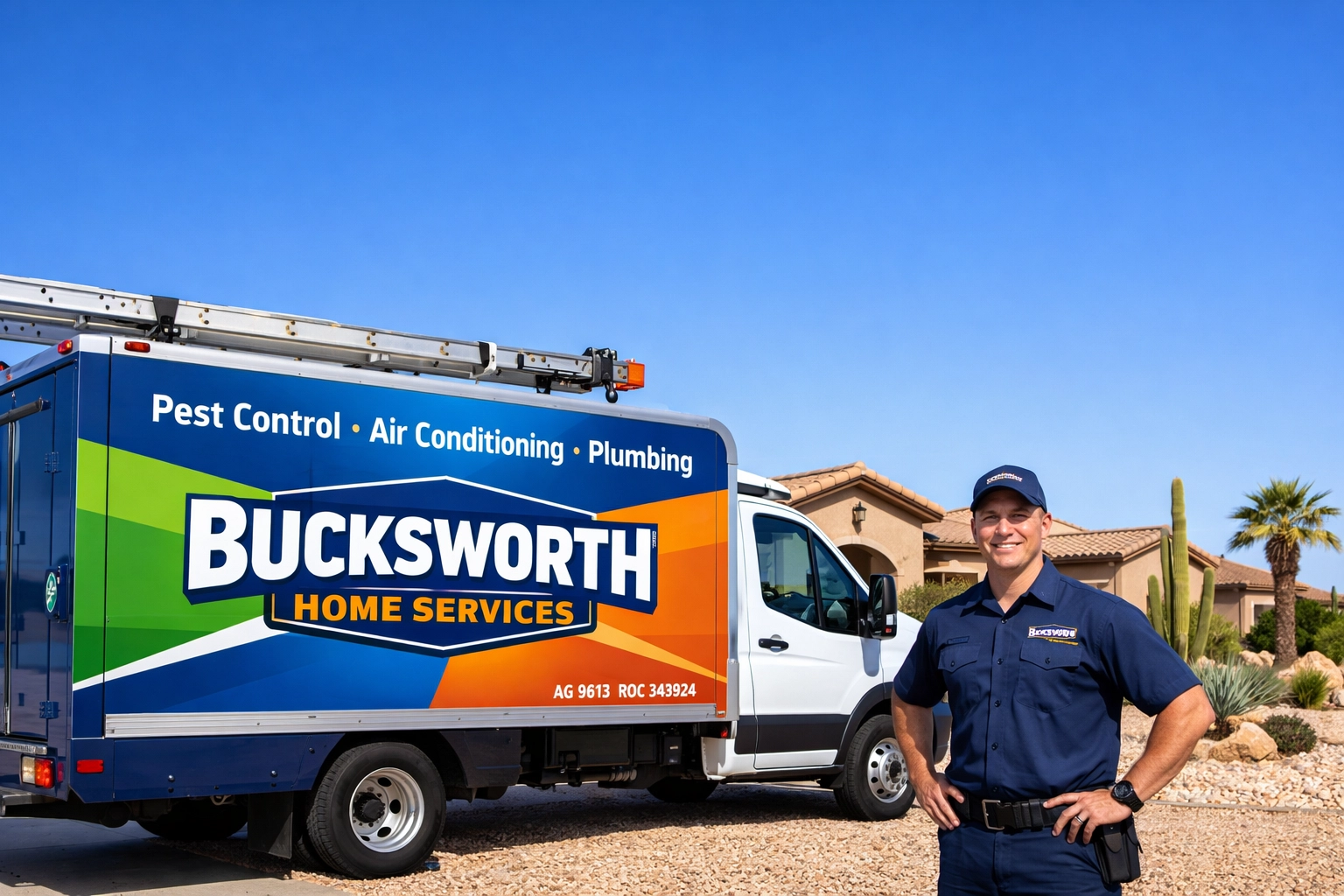 Bucksworth Home Services truck parked at a residential Goodyear Arizona home site.
