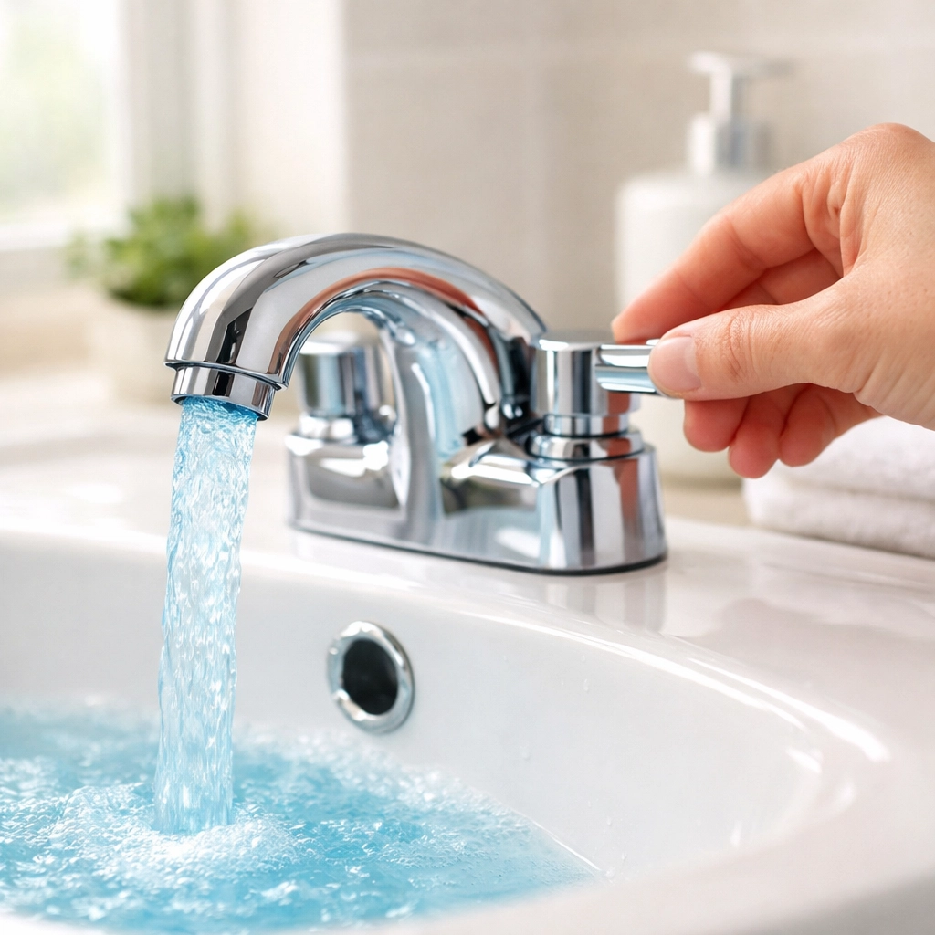 Hand turning cold water tap first at bathroom sink to prevent scalding injuries