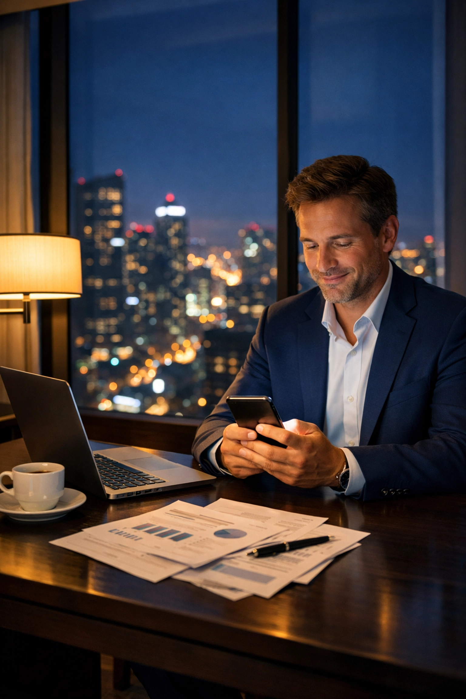 Business professional using smartphone to chat with doctor 24/7 from hotel room at night