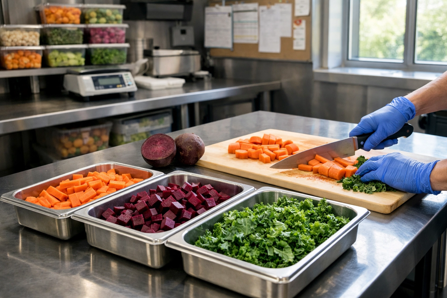 Fresh vegetables being prepared in a zoo nutrition kitchen for animal health.