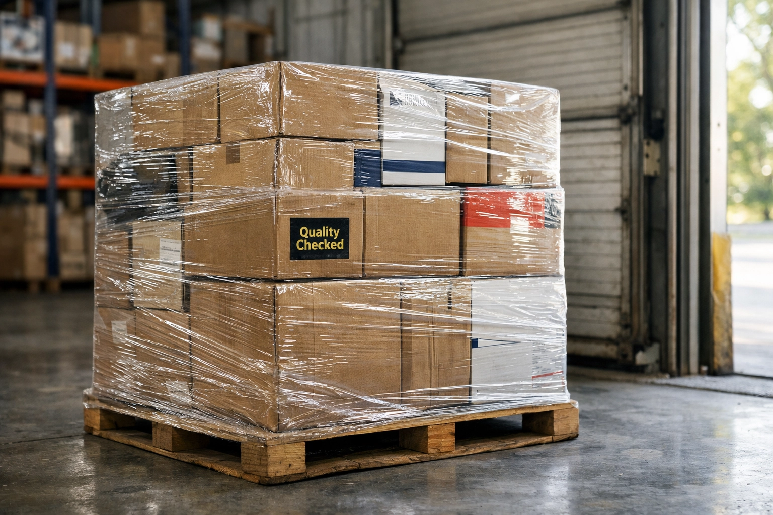 Professional wholesale liquidation pallet with quality checked sticker ready for business sourcing.