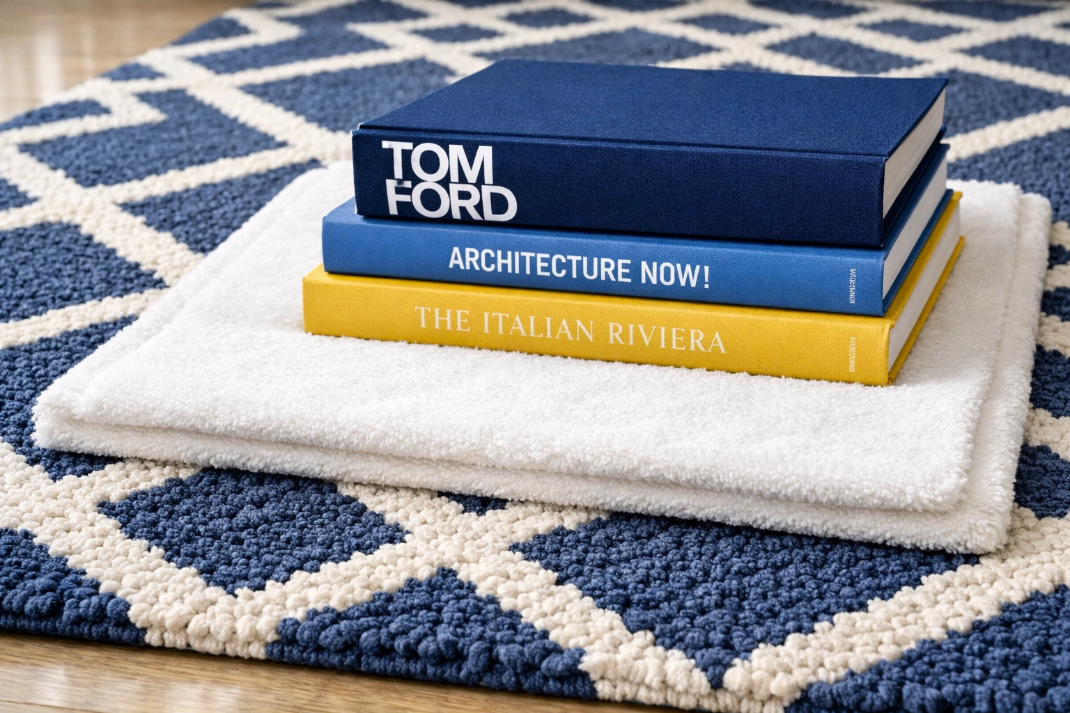 A white microfiber cloth weighted down by books to blot a carpet stain on a blue and white geometric rug.