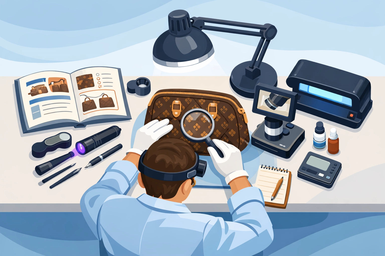 Professional luxury authenticator examining designer item with authentication tools