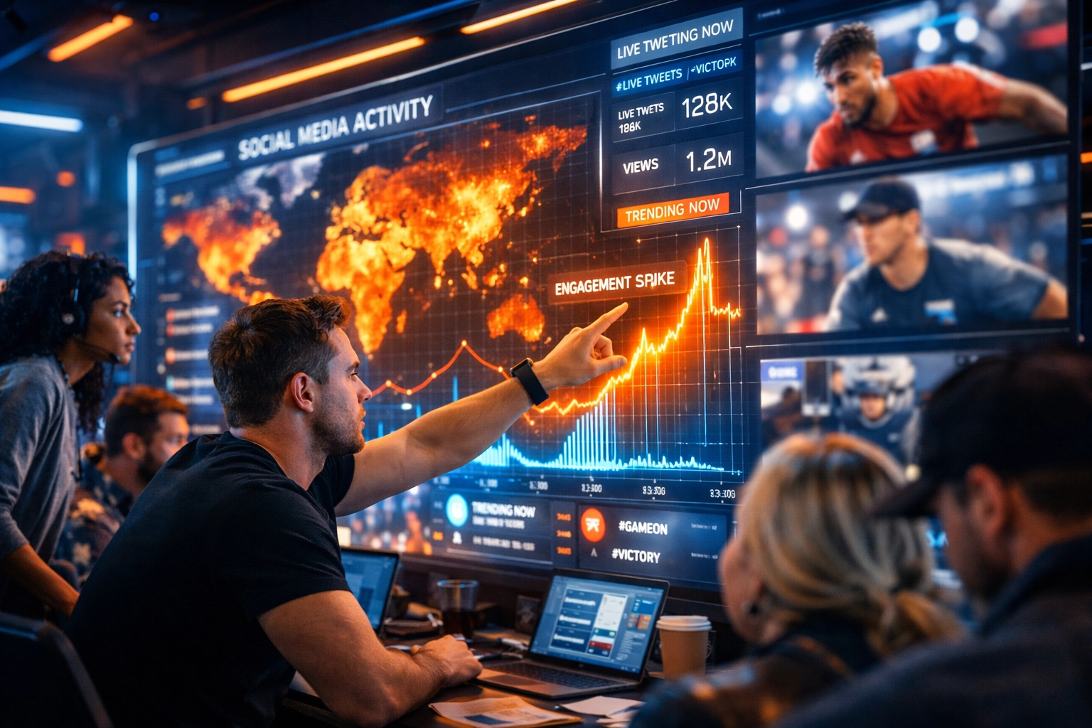 Sports marketing team in a digital war room analyzing real-time NIL athlete data for a Super Bowl blitz campaign.