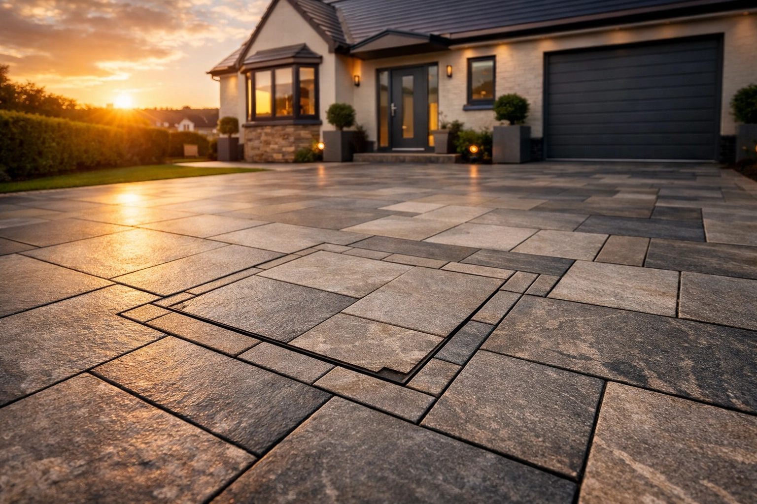 High-quality driveway installation in Cardiff showcasing precision paving slabs and detailed finishes.