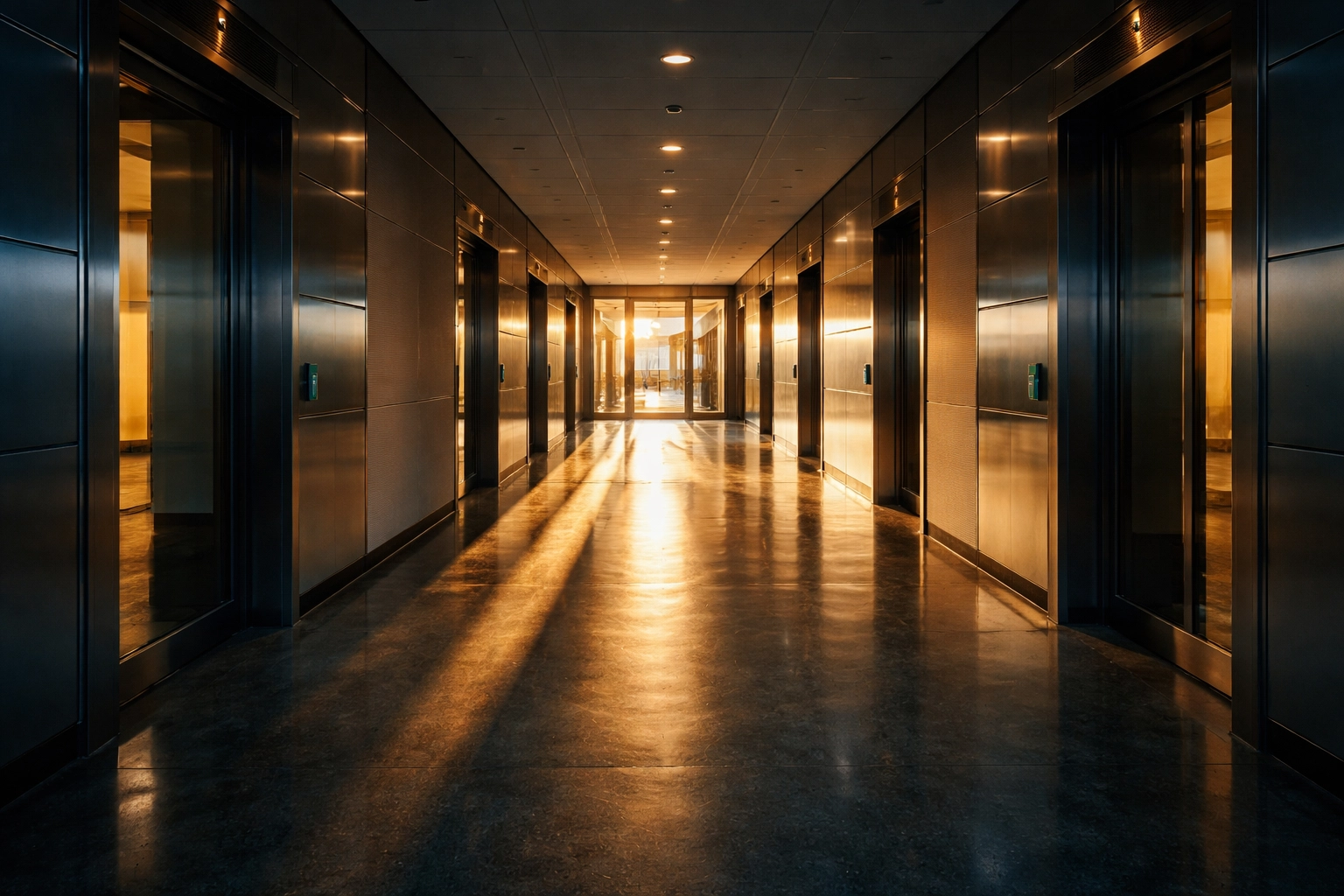 Empty commercial building corridor at sunrise with gleaming metal surfaces, showcasing ideal scheduling for hassle-free metal maintenance.