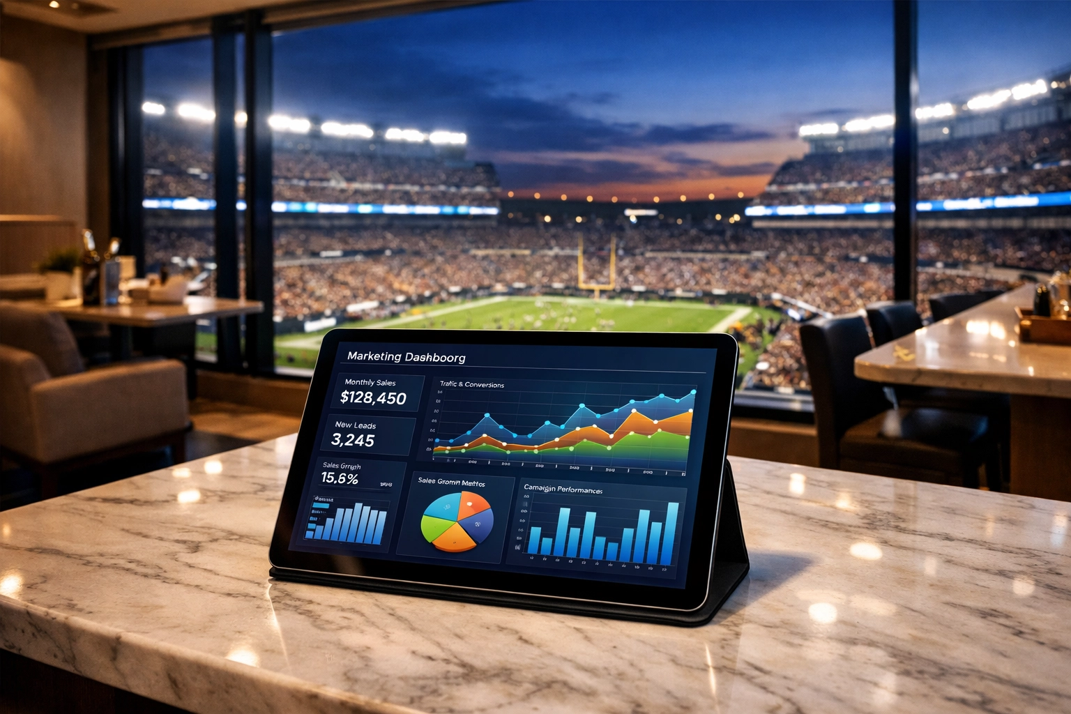 Luxury corporate hospitality suite featuring a marketing dashboard overlooking a professional football stadium.