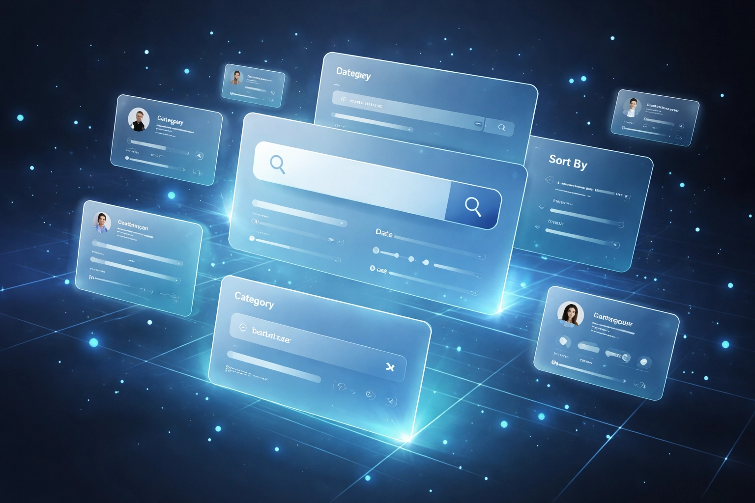 Futuristic influencer discovery interface with filters and profiles, representing a vast creator database for brands