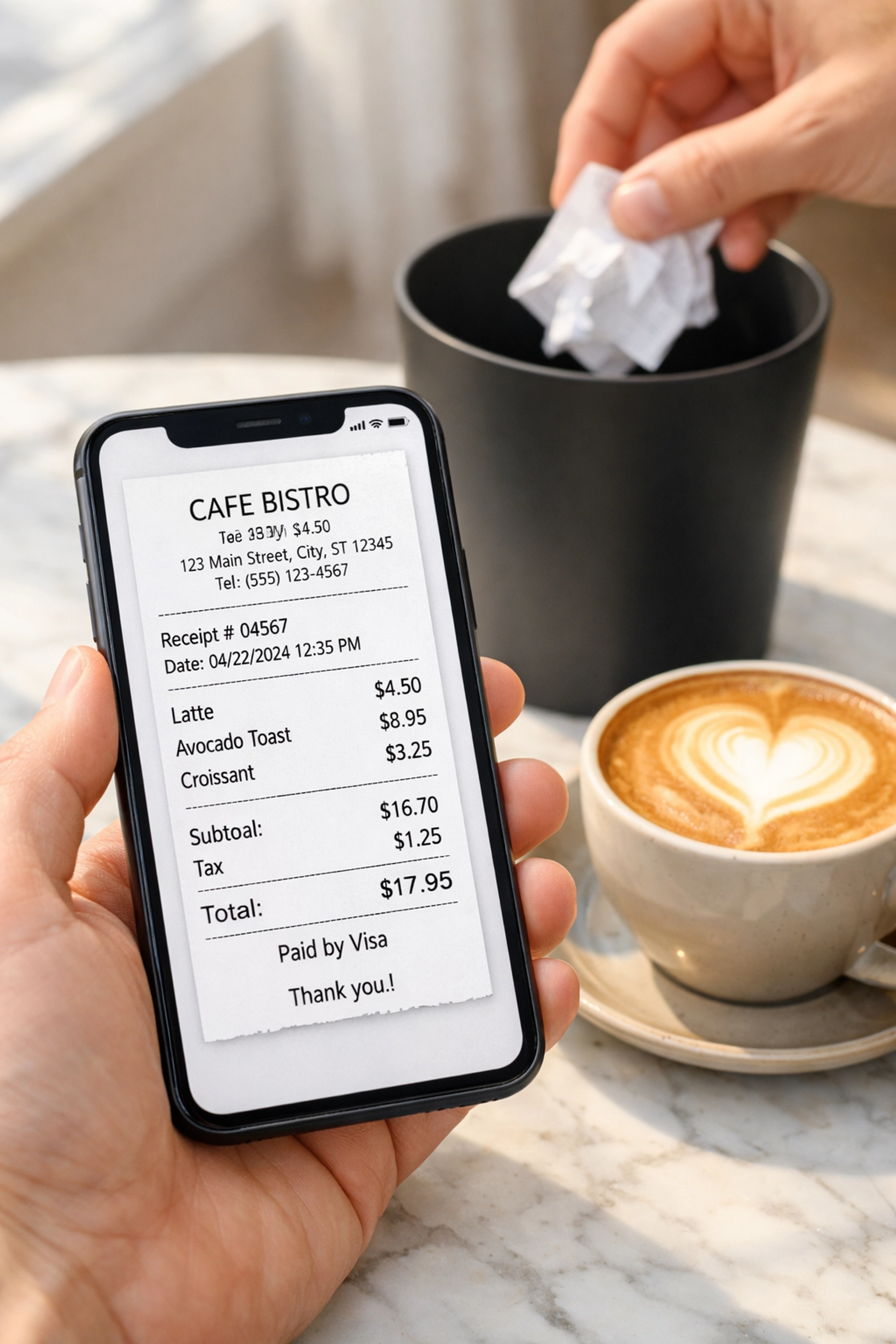 A smartphone scanning a receipt for digital storage to streamline virtual bookkeeping services.