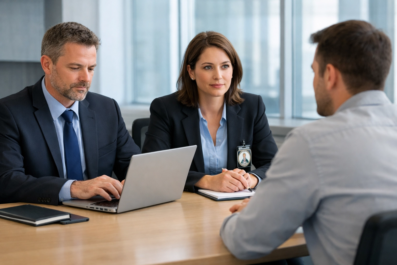 Professional fraud investigation interview with investigators questioning witness in office setting