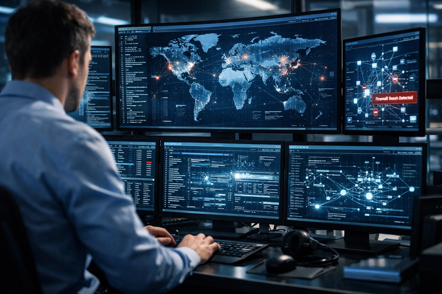 Cybersecurity command pod with multiple screens for network monitoring and digital defense training.