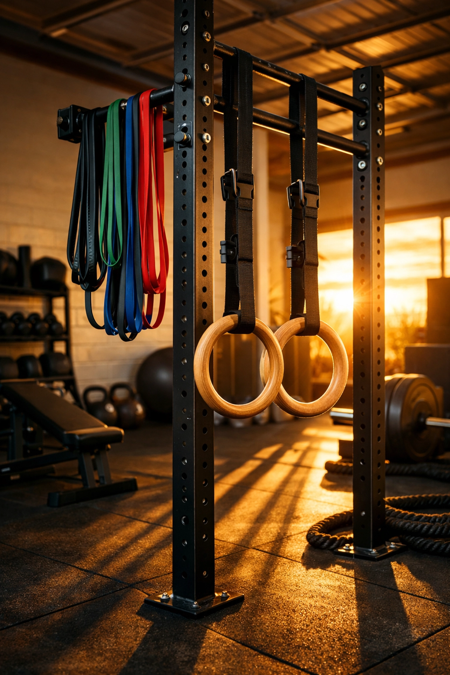 Professional home gym setup featuring a vertical rail with gymnastic rings and resistance bands.