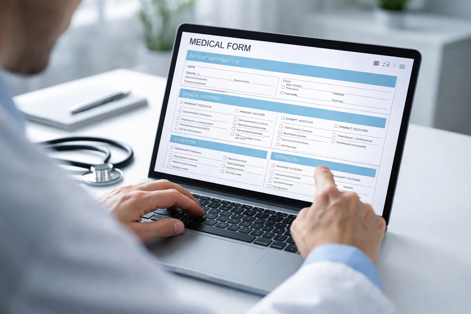 Clinician's hands using laptop to fill structured medical form, demonstrating use of documentation templates