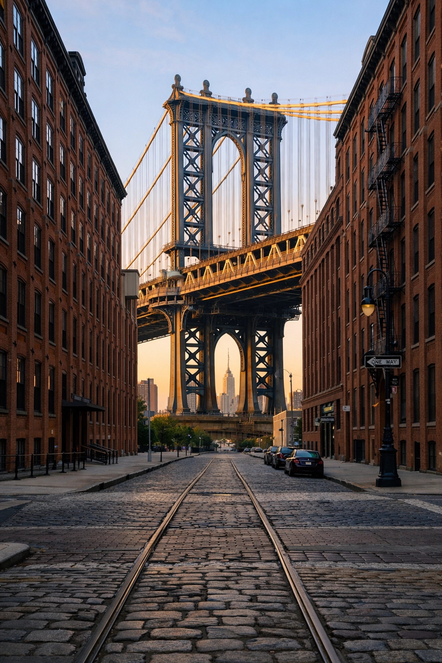 Manhattan Bridge framed by red brick buildings on Washington Street in DUMBO, a top place to take pictures in NYC.