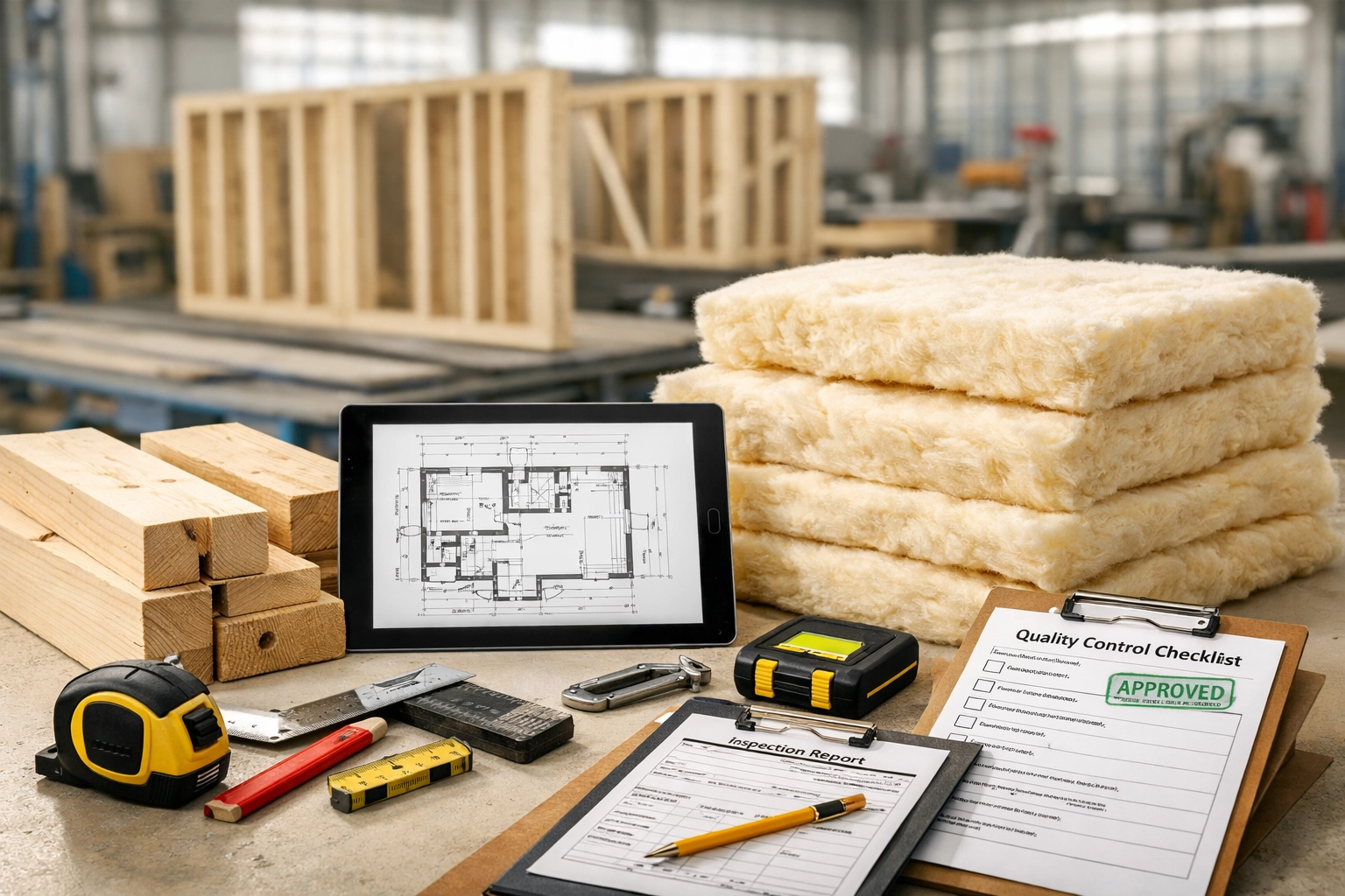 Precision construction materials and tools in modular home factory setting