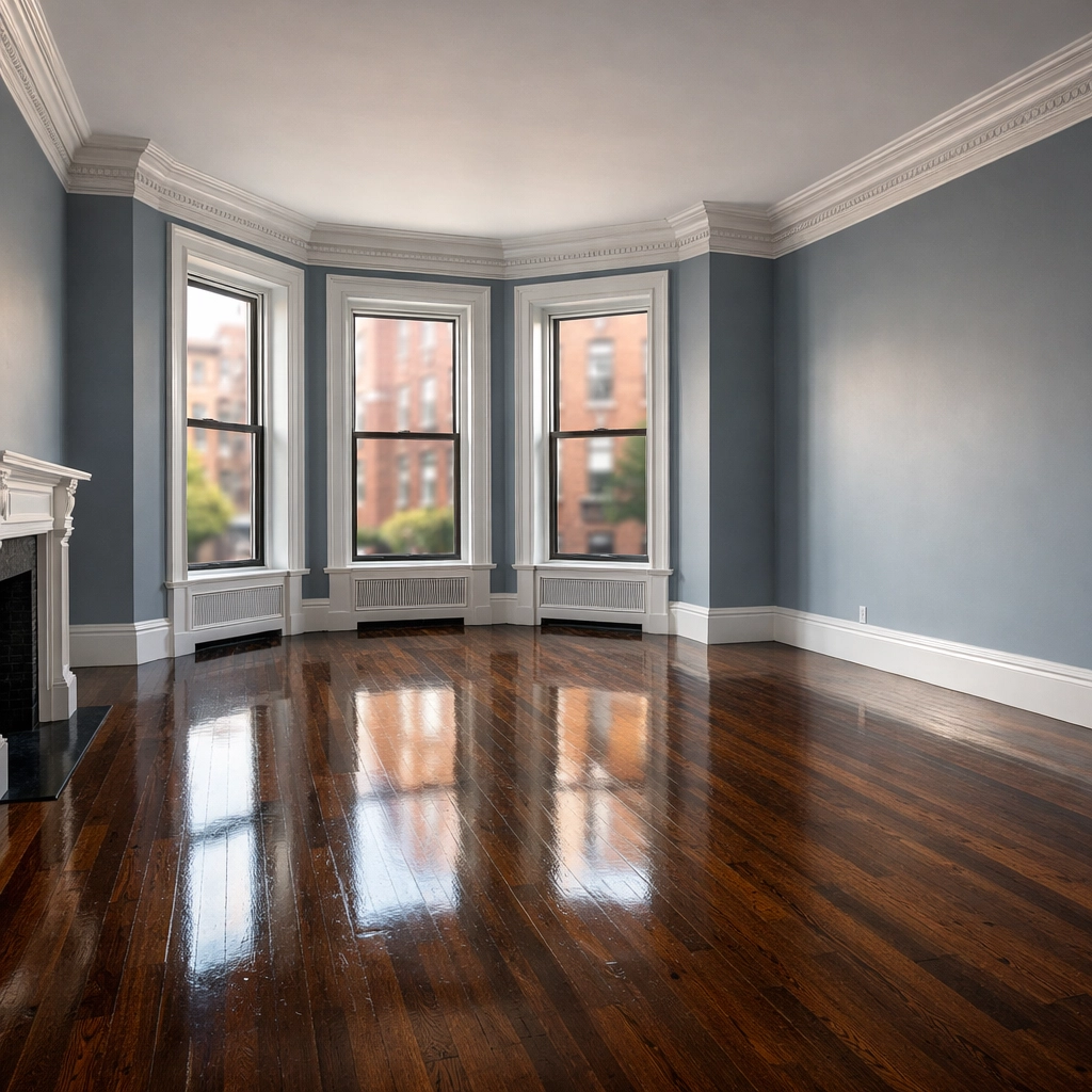 Immaculate Boston living room floors from a local move-in cleaning service.