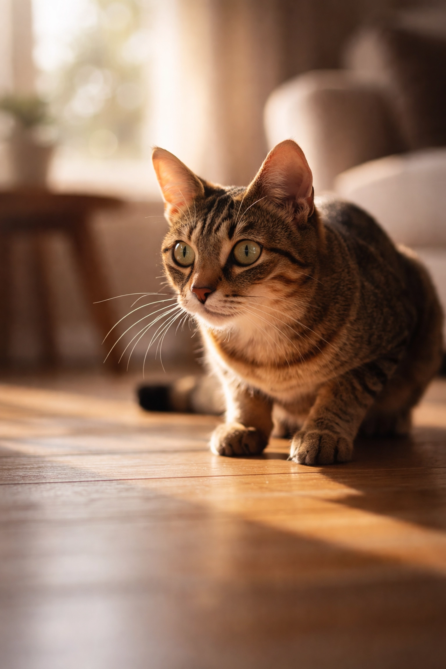 Alert cat in focused predatory pose showcasing evolutionary perfection and peak feline biology