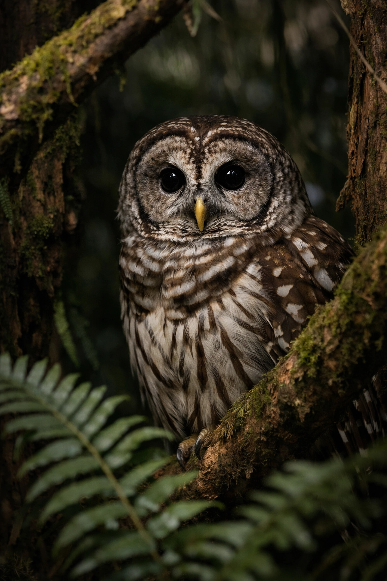 A Barred Owl perched among mahogany trees and ferns in Mahogany Hammock, Everglades National Park.