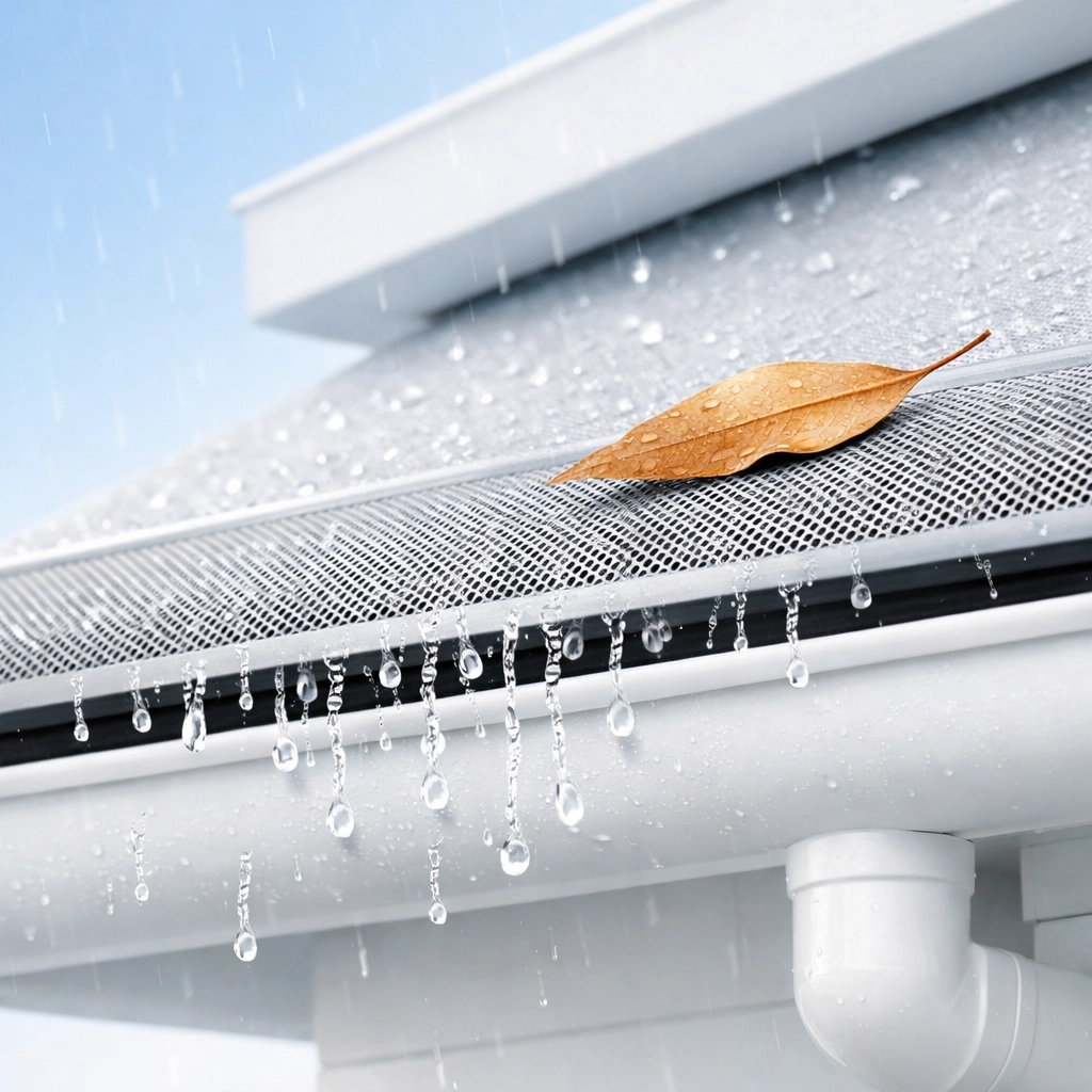 High-quality gutter guard mesh allowing rainwater to flow while keeping dry leaves out of the gutter.