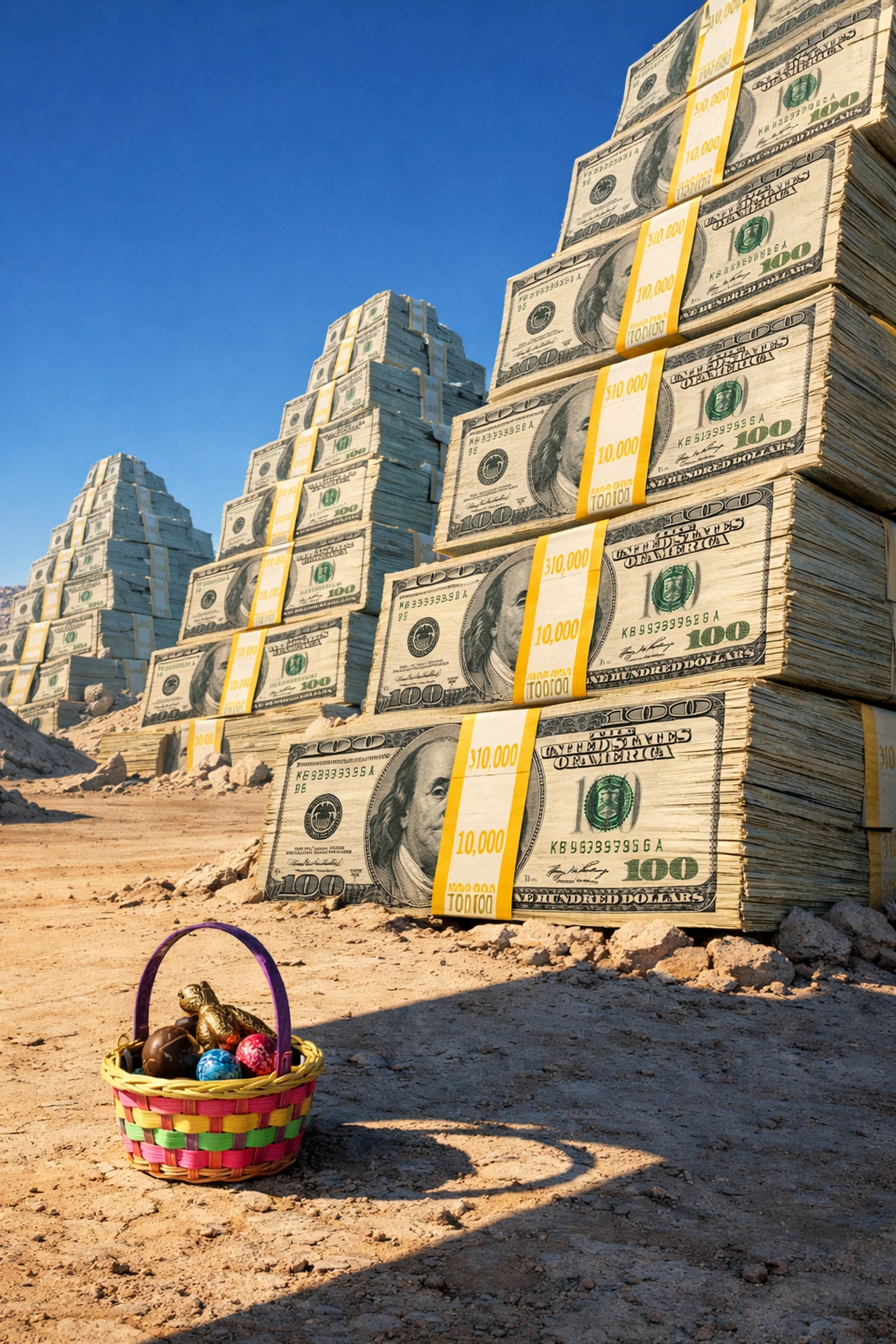 Small Easter basket shadowed by mountains of money representing the staggering cost of global war spending.
