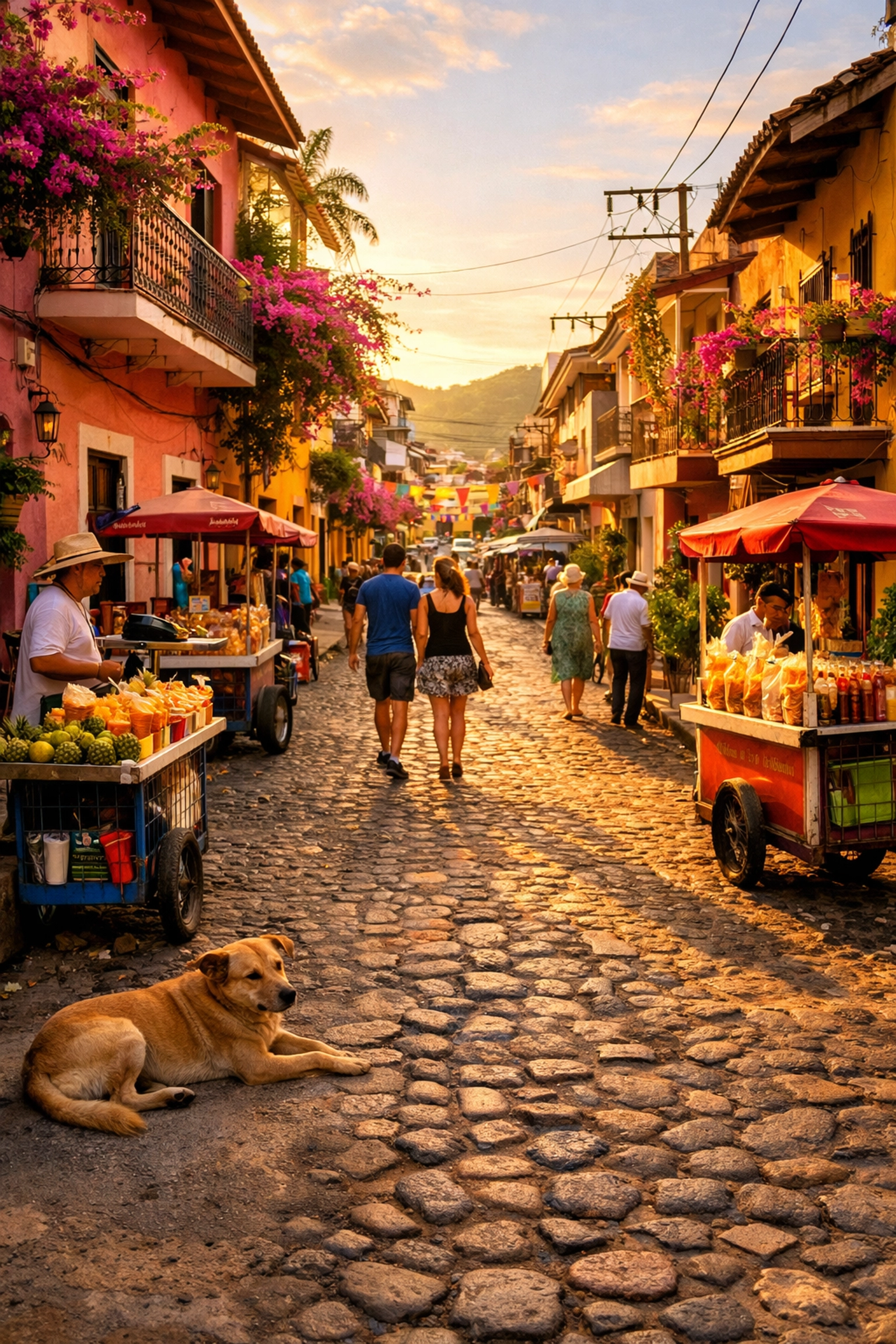 Colorful cobblestone street in Zona Romántica Puerto Vallarta with local vendors and colonial buildings