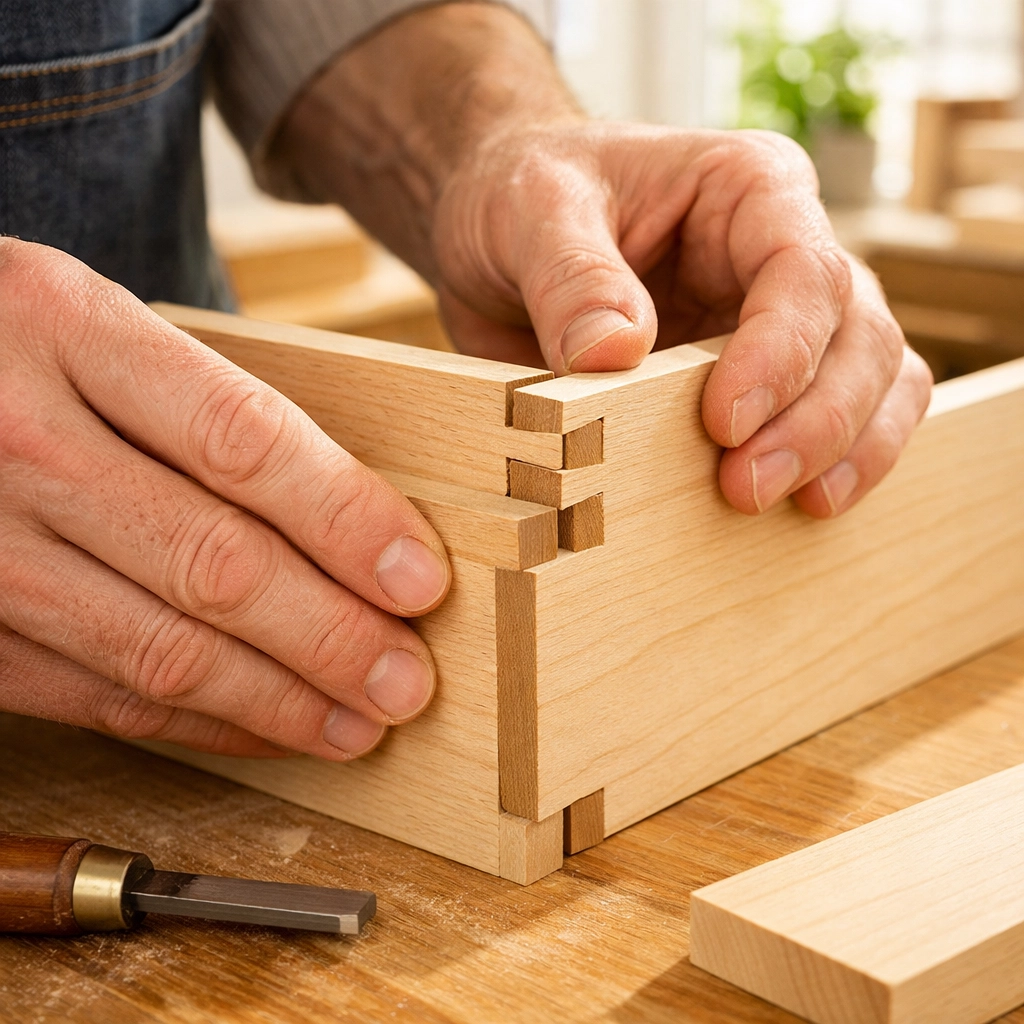 Professional cabinet maker in Minnesota assembling high-quality custom cabinet dovetail joints.