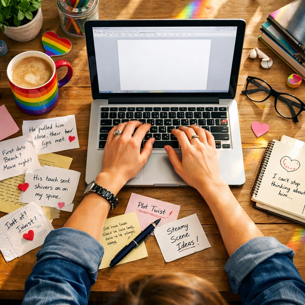 A queer writer working on their latest LGBTQ+ ebook at a sunlit desk with a pride coffee mug.