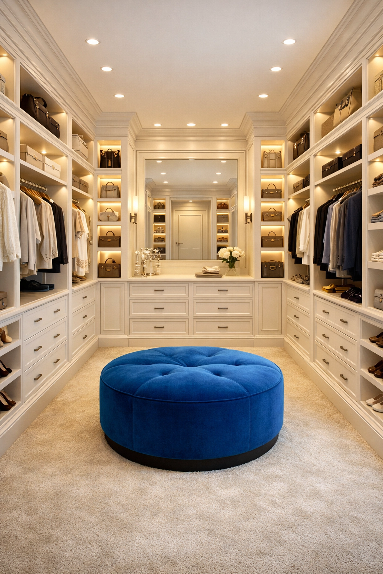 Detailed residential cleaning Massachusetts maintenance for an organized and spotless luxury walk-in closet.